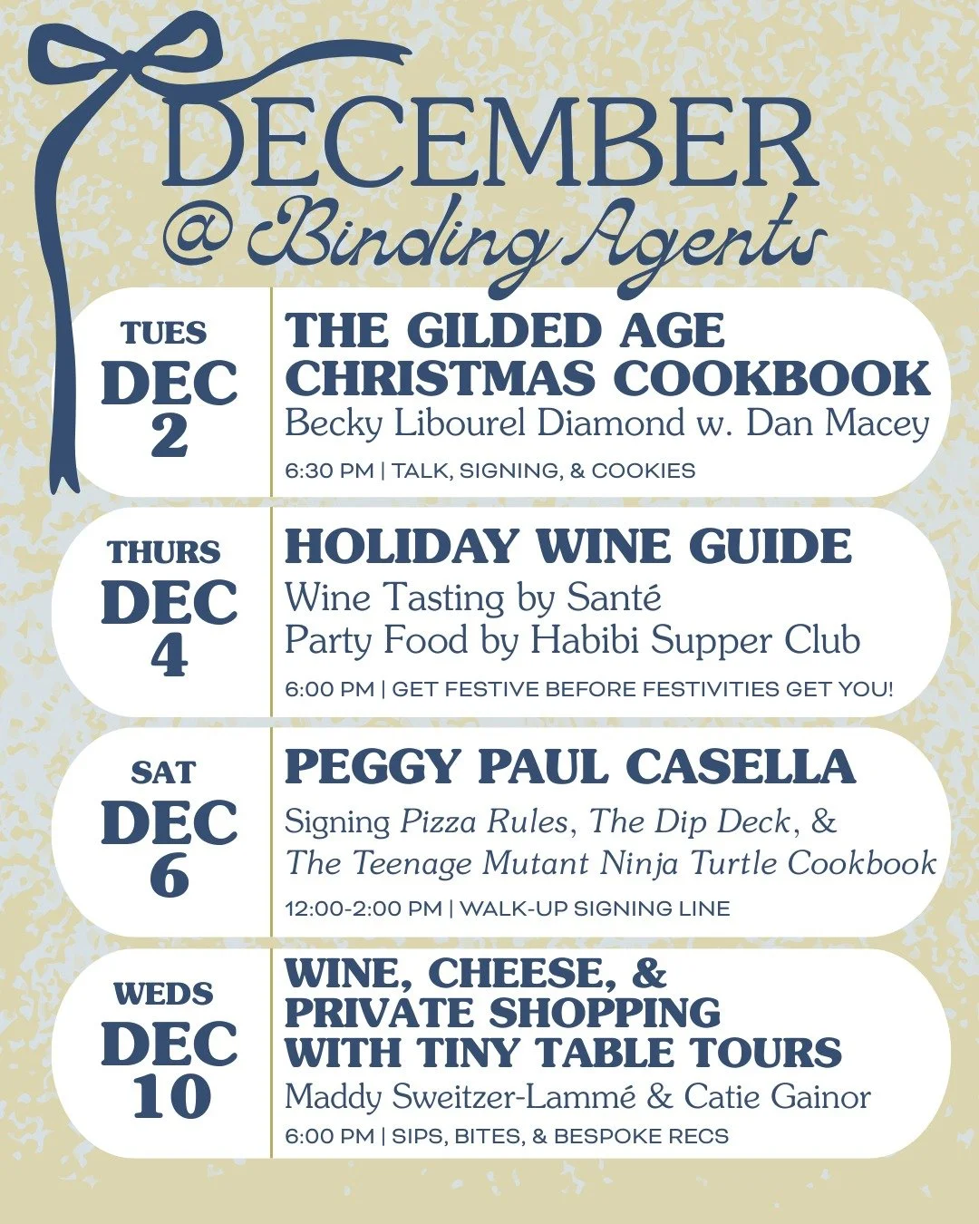 'Tis the season to shop local &amp; small! That's why we're celebrating local authors and collabing with community businesses to make your December extra festive. Here's what's coming up next month:

❄️ 12/2 - THE GILDED AGE CHRISTMAS COOKBOOK | What