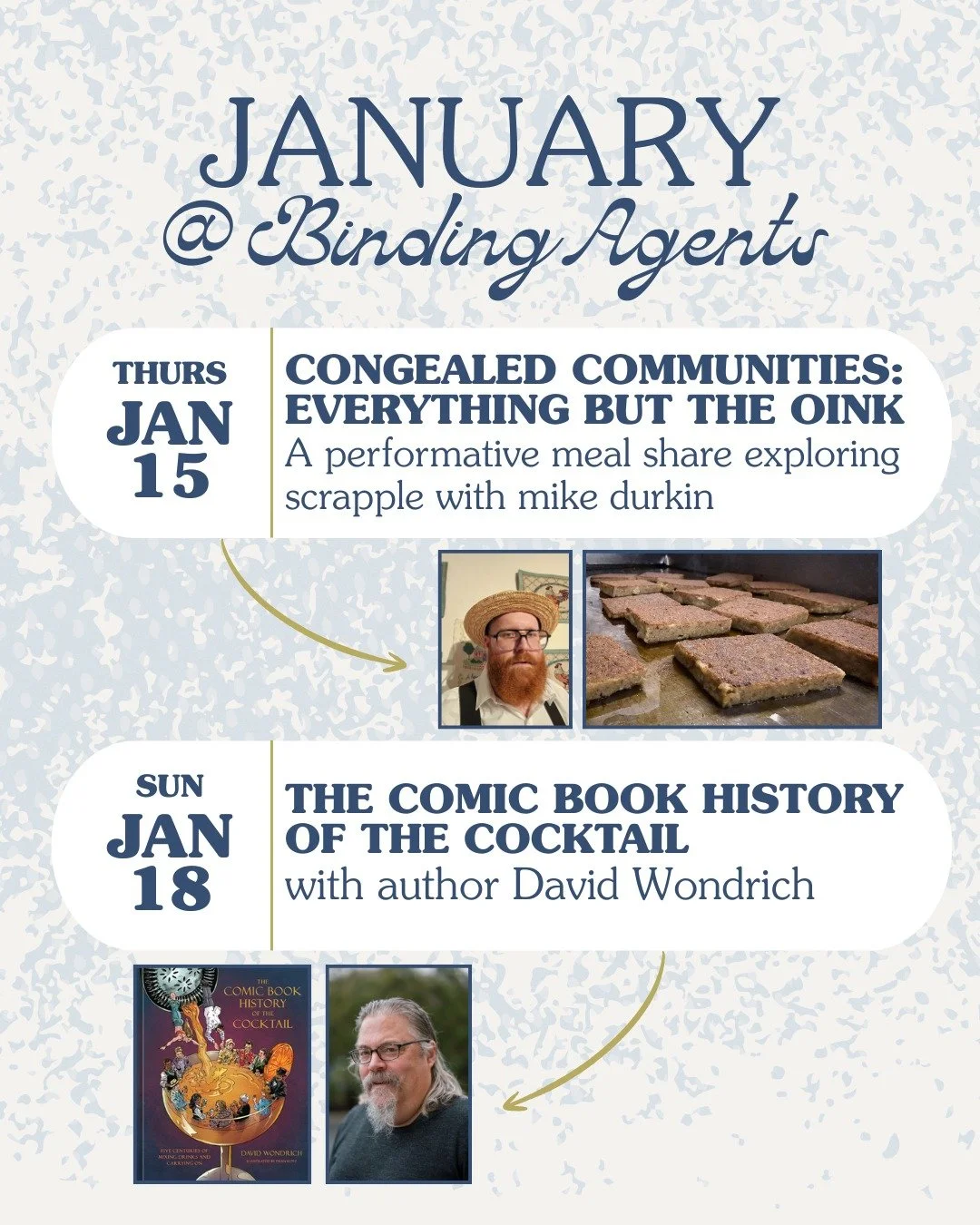 Welcome us back from winter break next week with two incredible events!

🐽1/15 - Congealed Communities: Everything But the Oink | Explore the many facets of scrapple through a performative meal share with local installation artist @mikedurkinproject