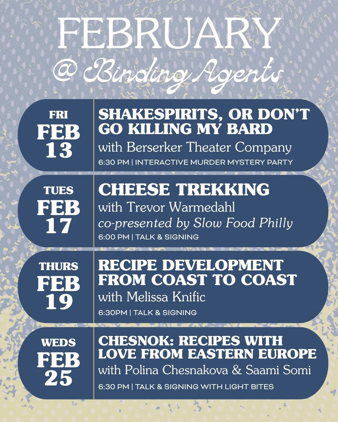 The antidote to the impending cabin fever is making plans! Join us in February for some fascinating, delicious, and theatrical experiences:

🍹2/13 - SHAKESPIRITS, or "Don't Go Killing My Bard | Our friends @berserkertheatrecompany present an in