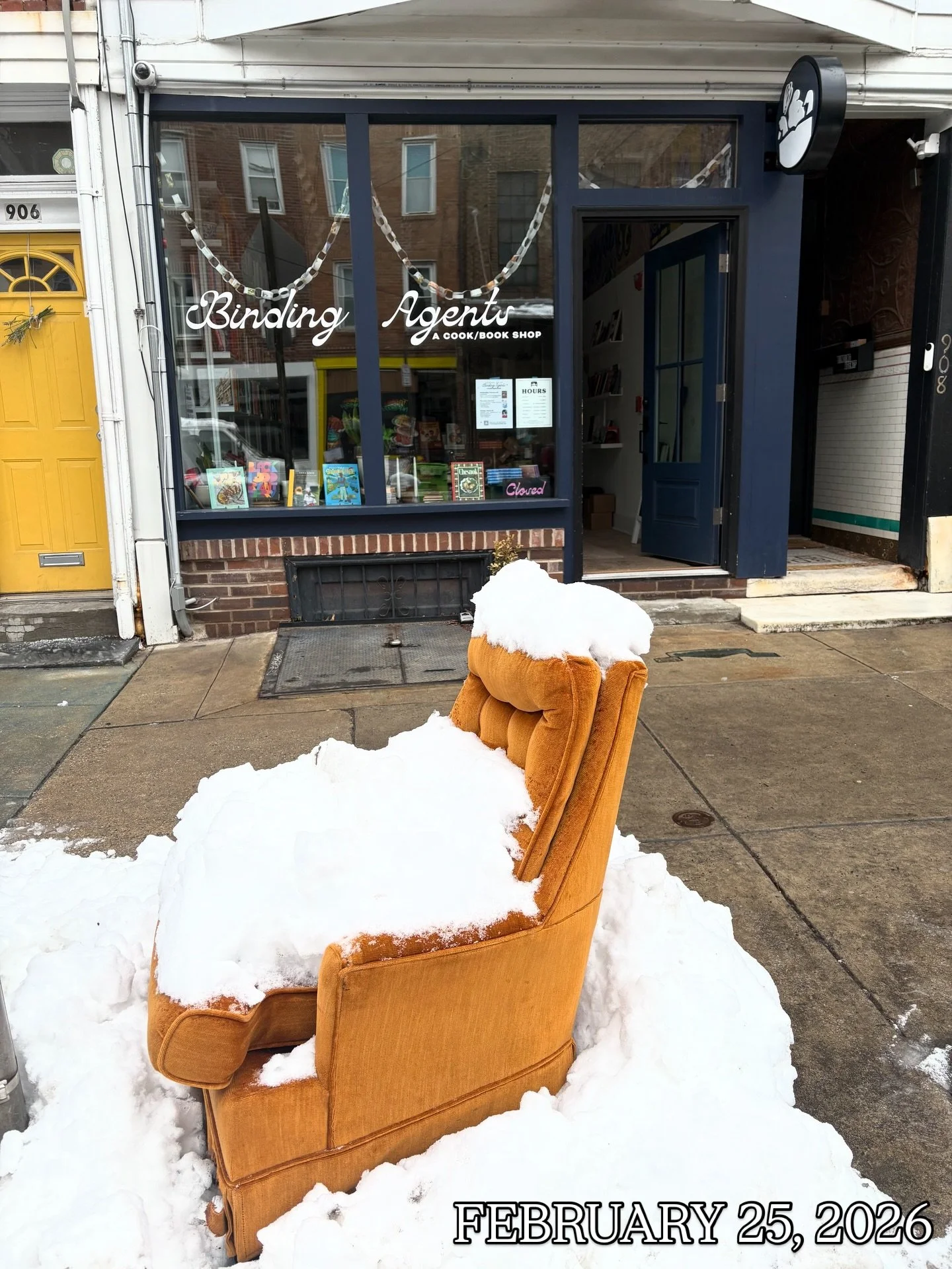 Good morning from the Curb Chair, pictured here throughout its storm lifecycle (so far). I hope it stays forever. Back in the shop today! 

(P.S. The available music choices on this here Business Page are dismal. The dumb little title-based jokes I a