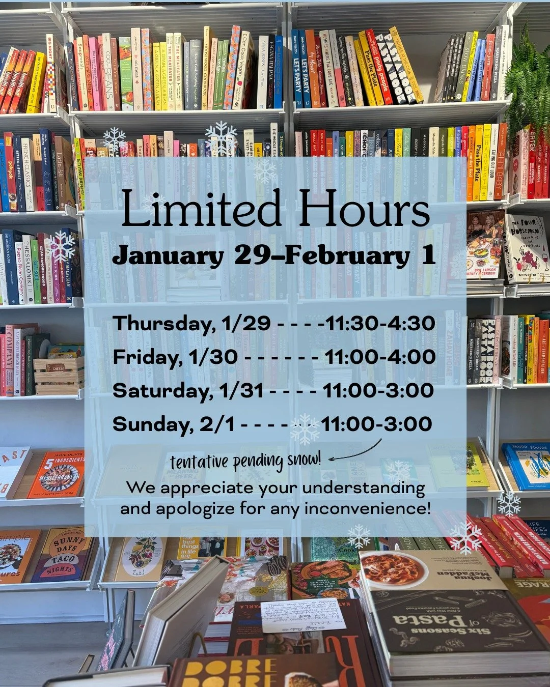 Alright, chilly babies! As temperatures plummet and with more ~*weather*~ on the horizon, our hours will remain limited through the weekend. I so appreciate your understanding and hope the coming days find you safe, warm, and digging into your existi