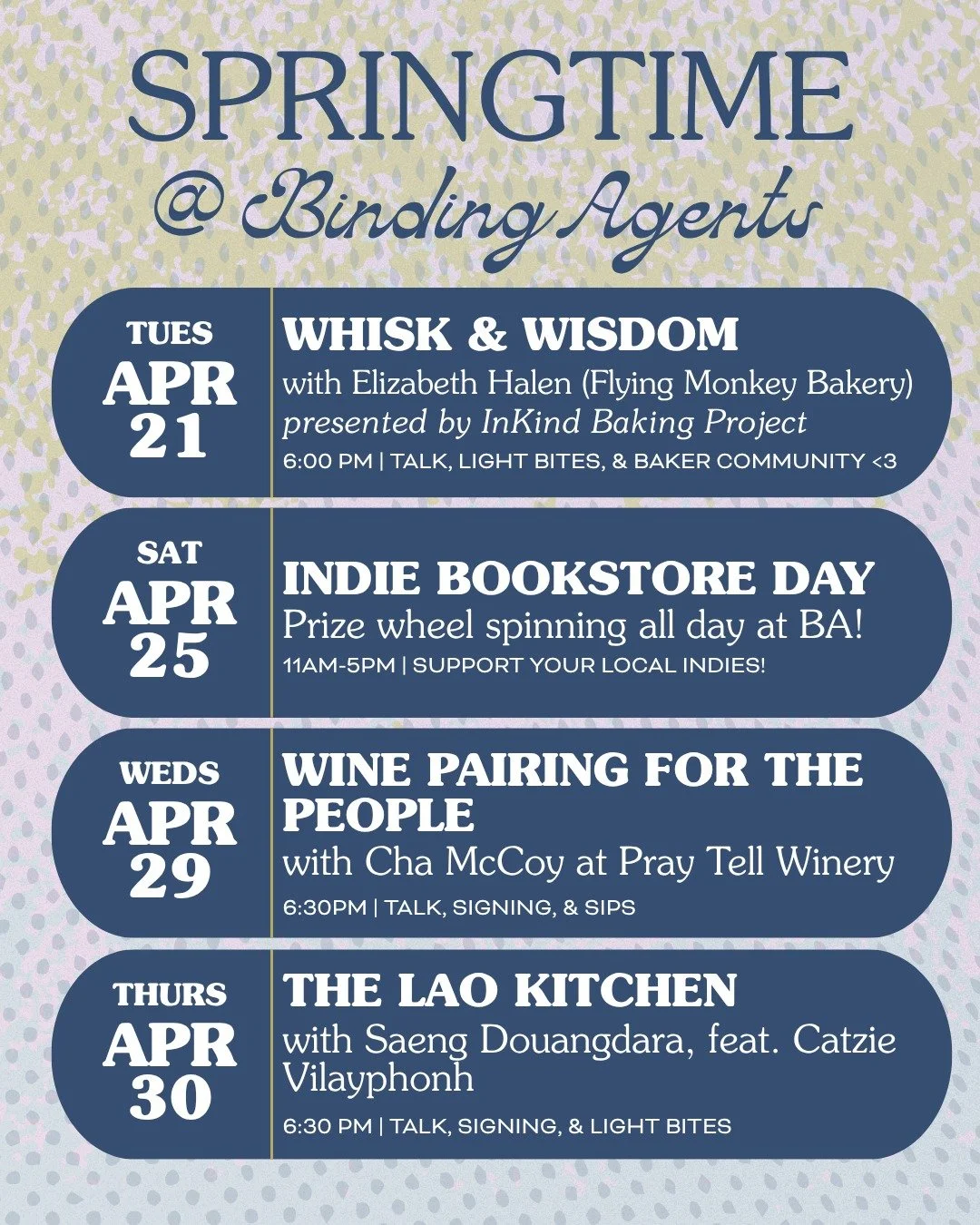Hear ye, hear ye! *RINGS BELL AGGRESSIVELY* It's all happening at BA this spring! 

🧁4/21 - Whisk &amp; Wisdom | An evening of pastry, purpose, and joy with the @inkindbakingproject and their special guest Elizbaeth Halen of @flyingmonkeyphilly. 

?