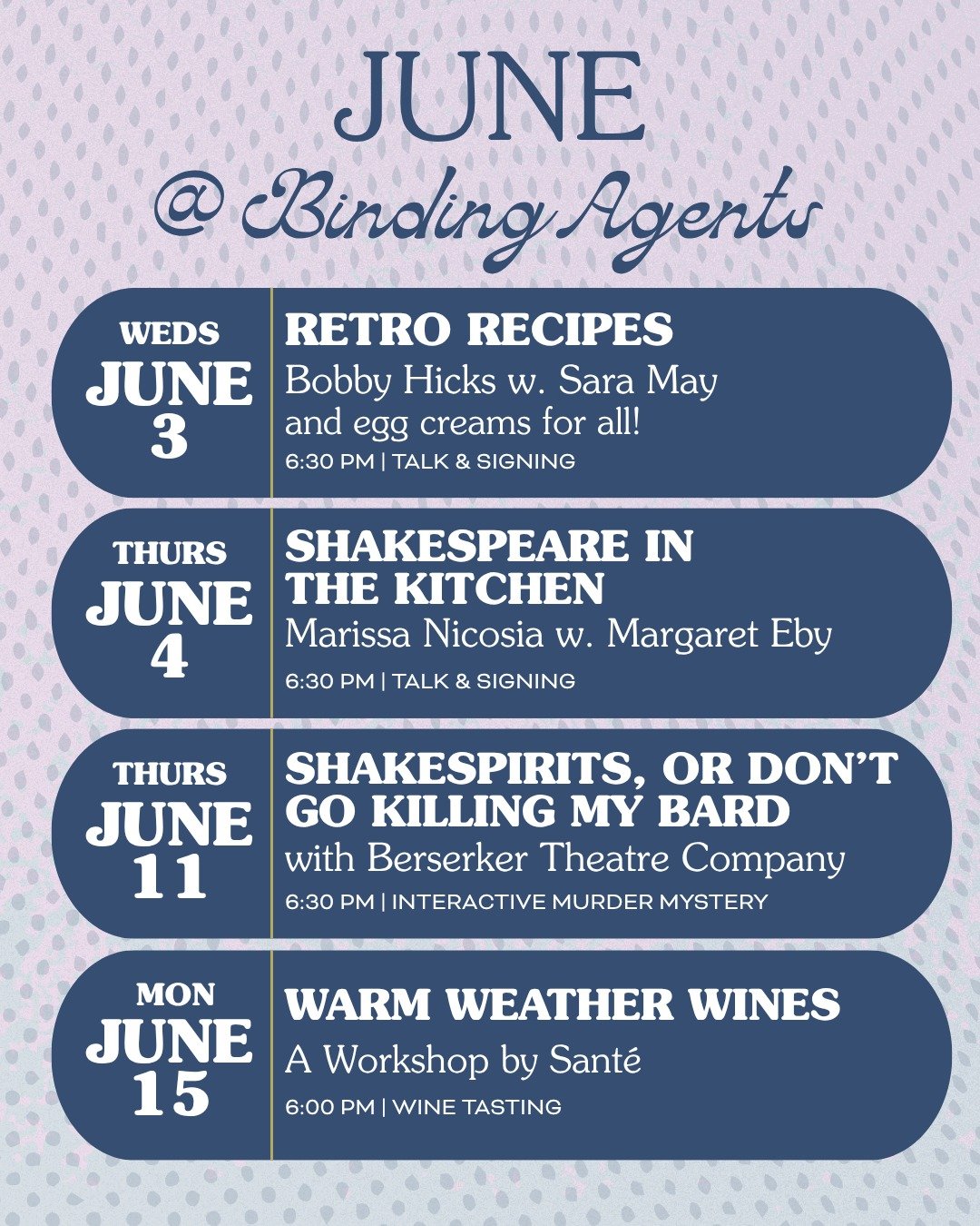Why not use your reluctant indoor time this weekend to plan a RIP ROARING June at BA?? 

We're drinking egg creams and talking retro recipes with @thisfellow. We're examining the food of Shakespeare's time and works with @rare_cooking. We're solving 