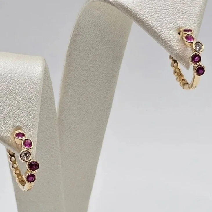 14kt Yellow Gold Ruby & Diamond Hoop Earrings