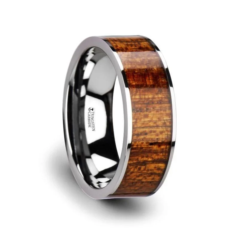 "Bolo" Flat Tungsten Carbide Band with Exotic Mahogany Hard Wood Inlay and Polished Edges