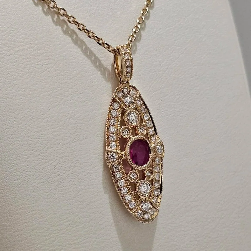 14kt Yellow Gold Art Deco Inspired Ruby & Diamond Necklace