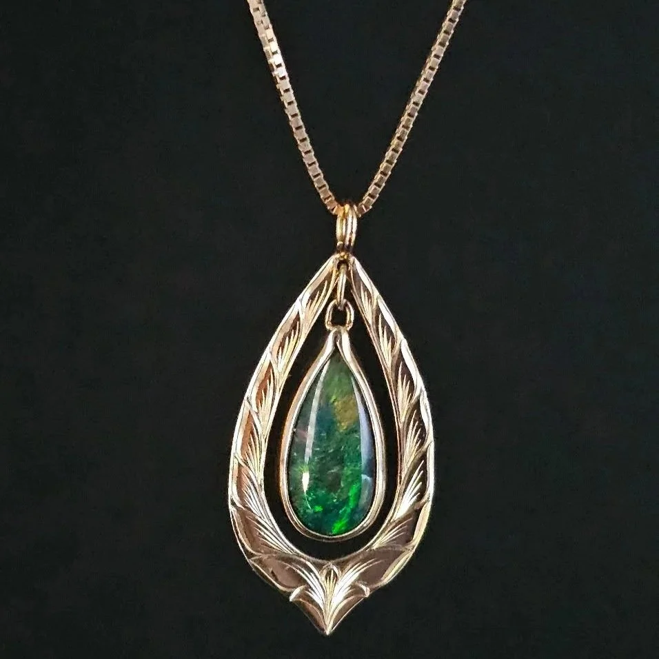14kt Yellow Gold Handmade & Hand-Engraved Opal Necklace