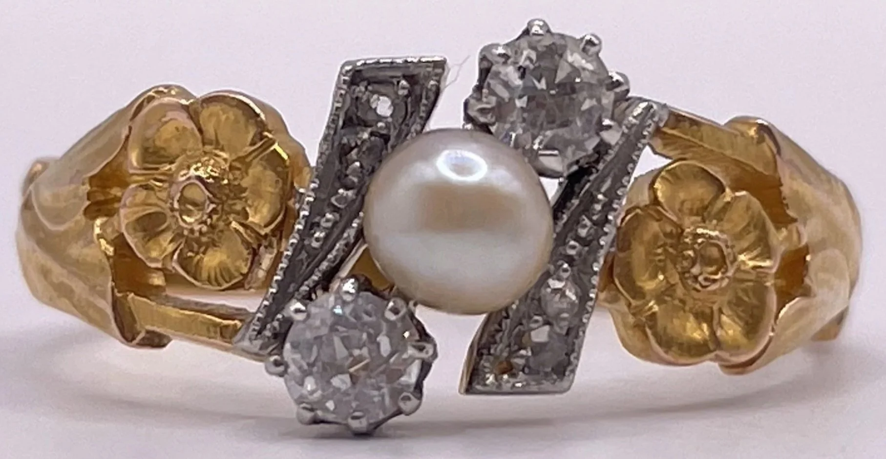 Antique 18Kt Yellow Gold & Platinum Pearl + Diamond Ring