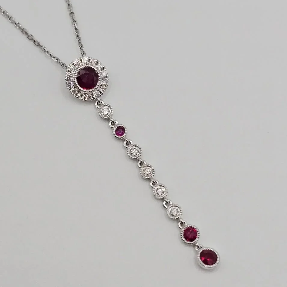 14kt White Gold Ruby & Diamond Drop Pendant