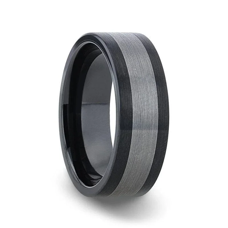 "Endast" Black Ceramic w/ Brushed Tungsten Inlay Wedding Band