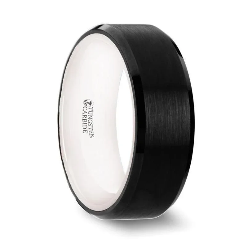 "Sigma" Black Tungsten Brushed Center Band w/ Polished Beveled Edges & White Interior