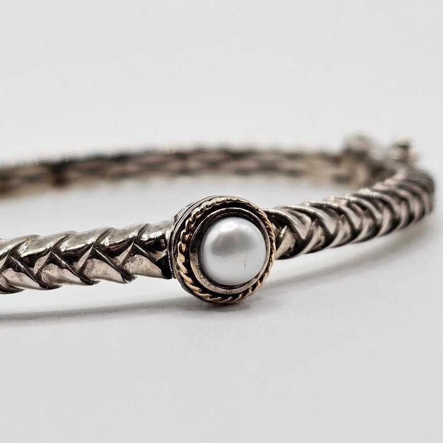 Sterling Silver Two Tone Pearl Hinged Bracelet