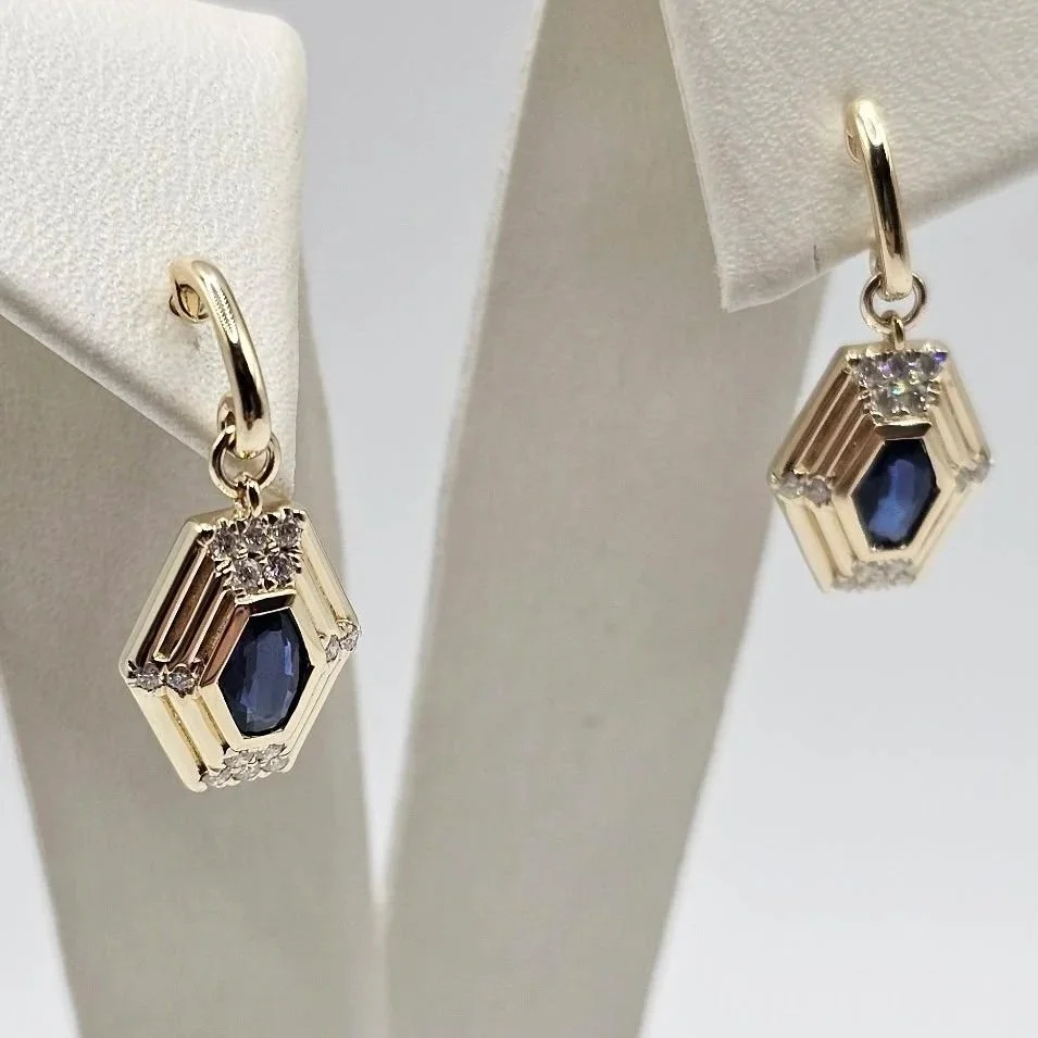 14kt Yellow Gold Hexagonal Blue Sapphire & Diamond Accented Earrings