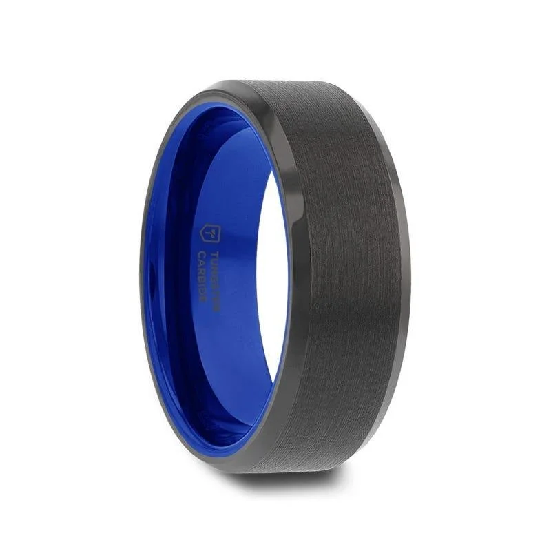 "Rigel" Brushed Black Tungsten Ring w/ Vibrant Blue Ceramic Inside