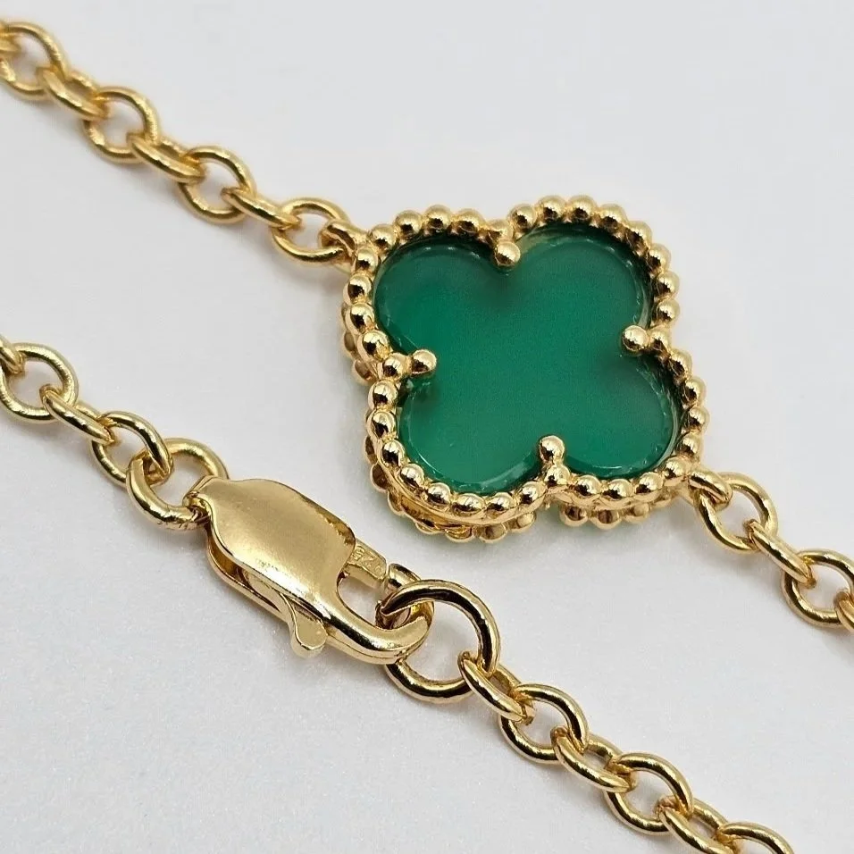 Sterling Silver Gold Plated Green Agate Clover Bracelet