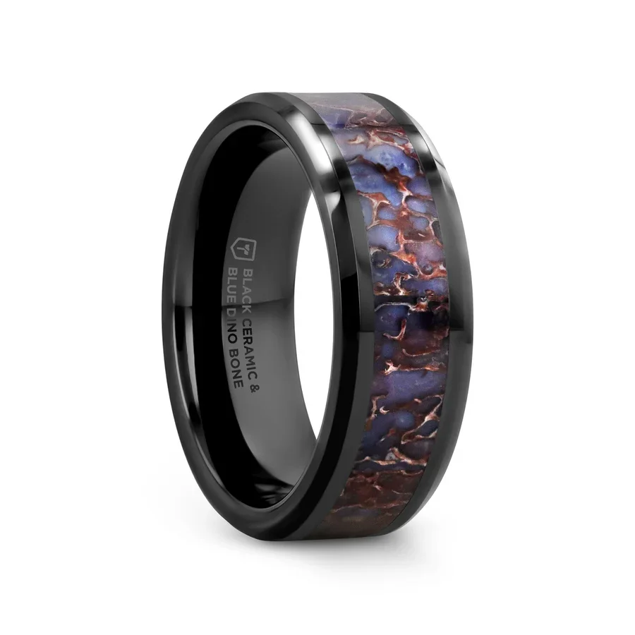 "Permian" Black Ceramic w/ Blue Dinosaur Bone Inlay Wedding Band