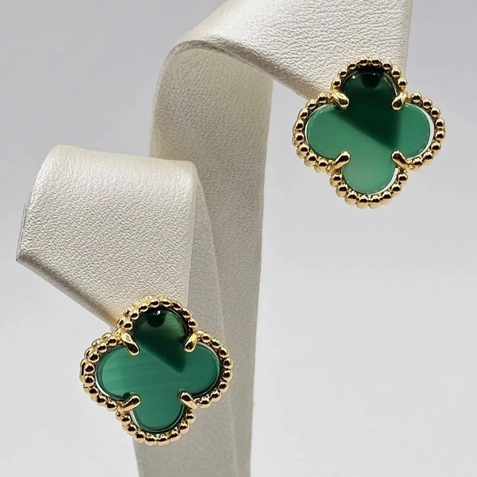 Sterling Silver Gold Plated Green Agate Clover Earrings