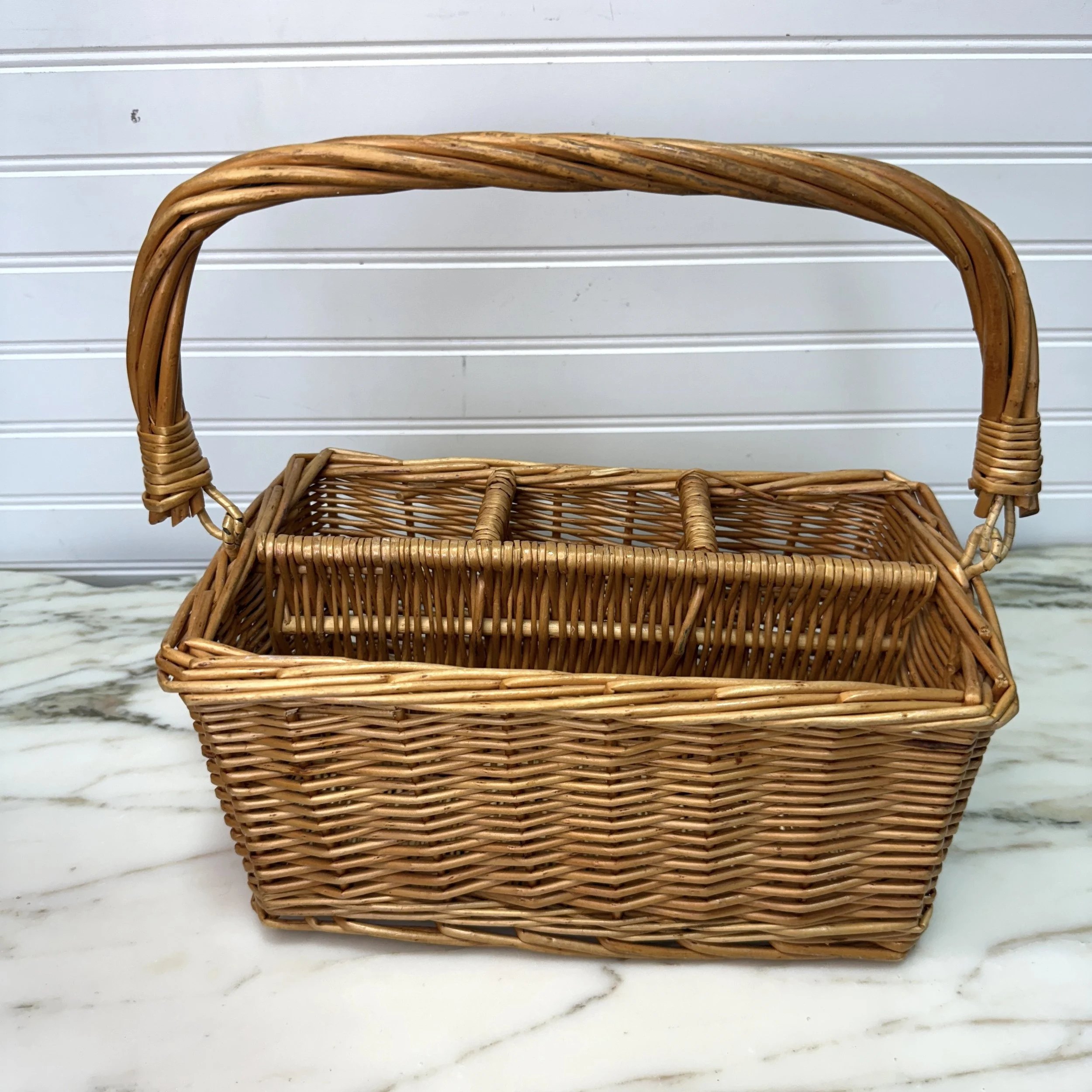 Vintage Wicker Picnic Basket Condiment Caddy w Handle, 90s Boho Rattan Organizer