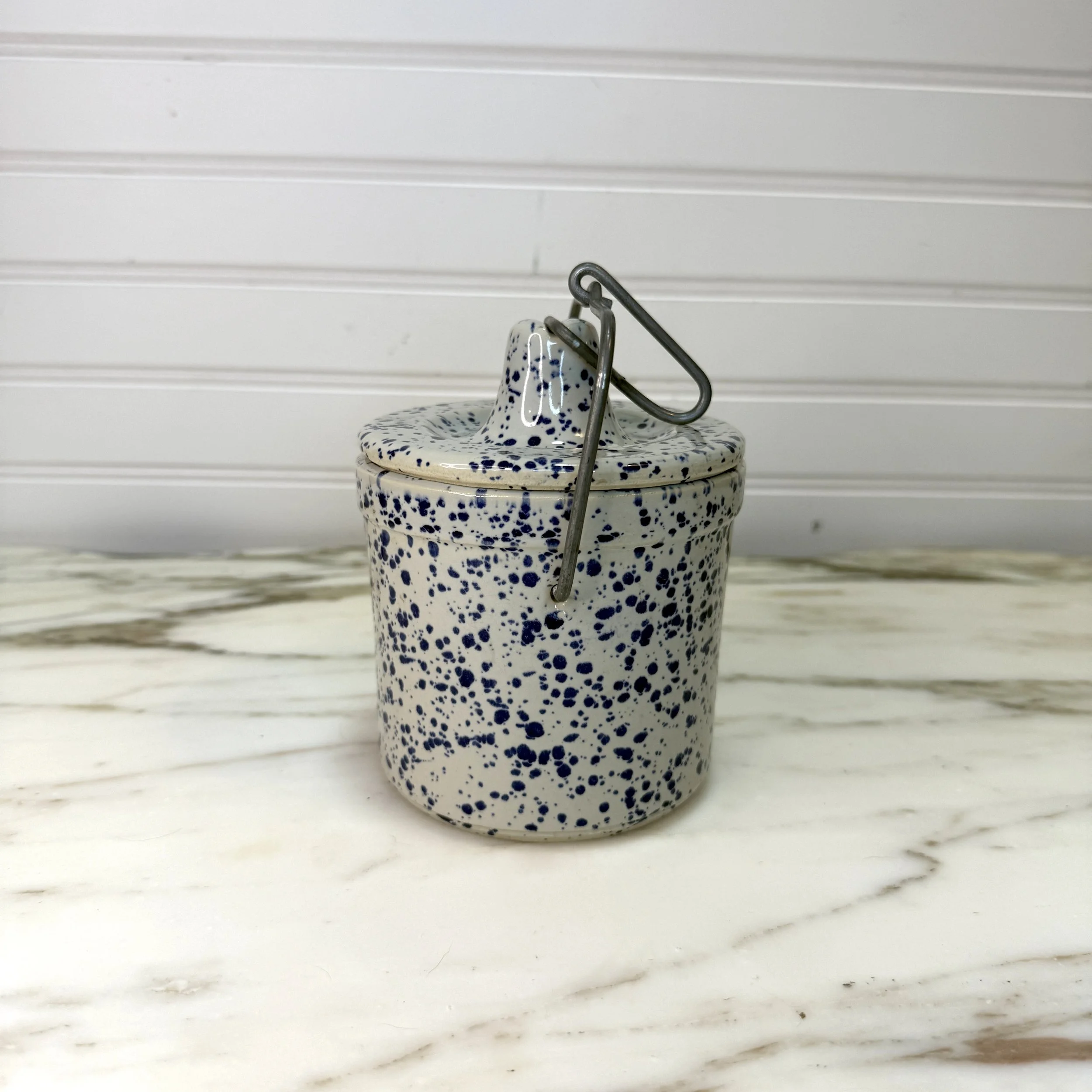 Vintage Blue Speckled Stoneware Crock Jar w Lid & Wire Bail Handle