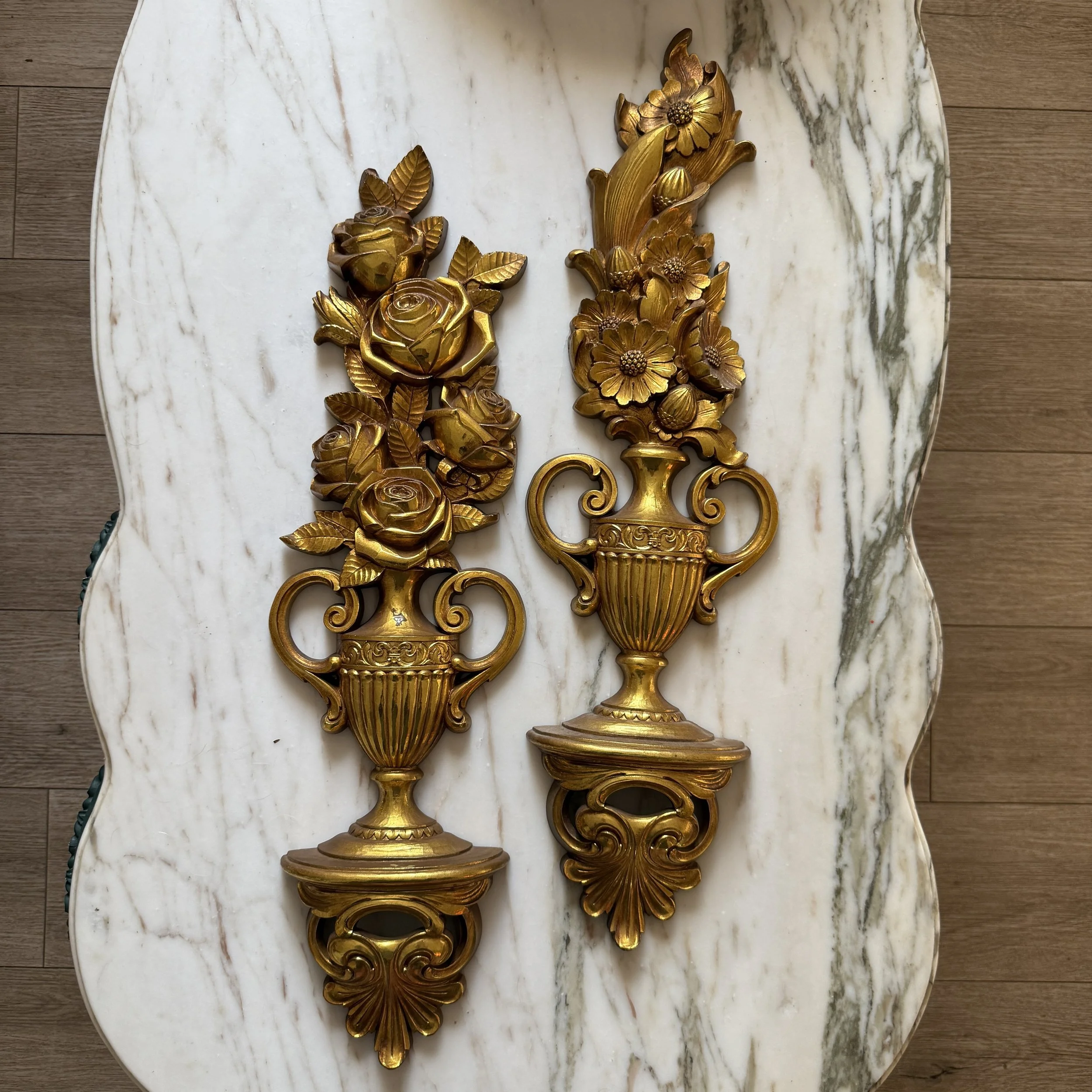 Vintage Gold Ornate Flowers in Vases Syroco Wall Decor, Set of 2, 1970 Dart Industries