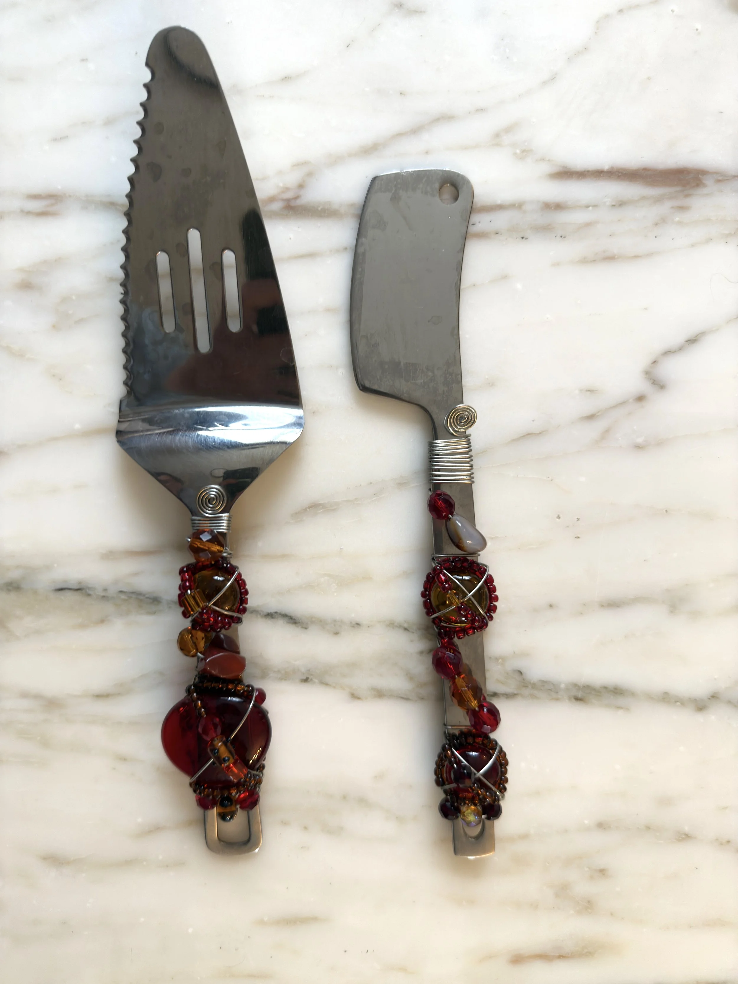 Vintage Y2K Decorative Beaded Cake Knife & Server Set Red Amber