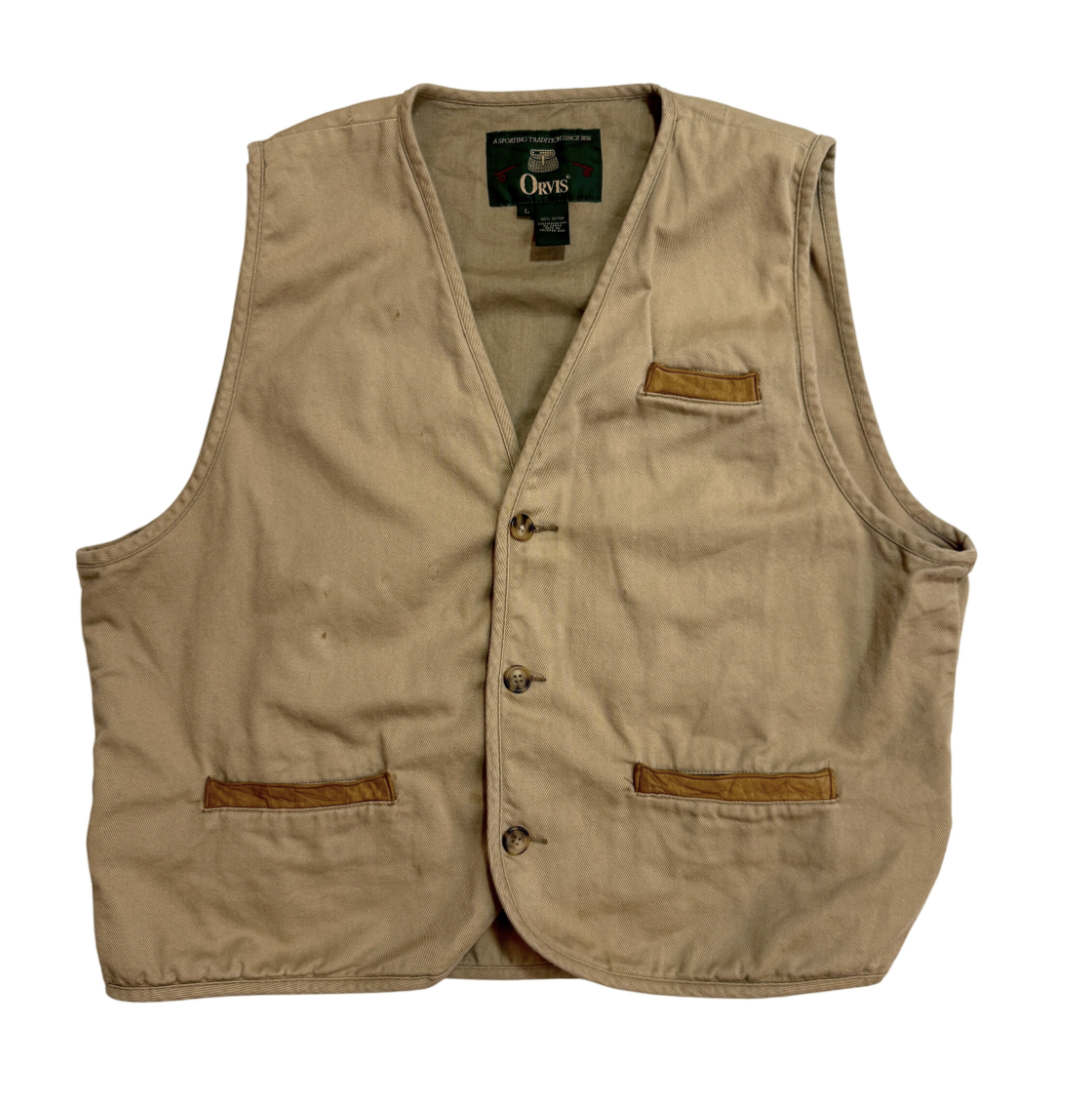 Vintage 90s Orvis Canvas Utility Vest, Size Large, Tan with Leather Trim