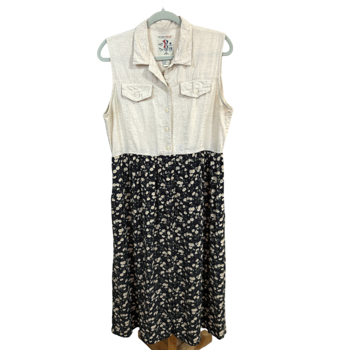 Vintage 90s Studio Wear Linen Blend Floral Maxi Dress Size M