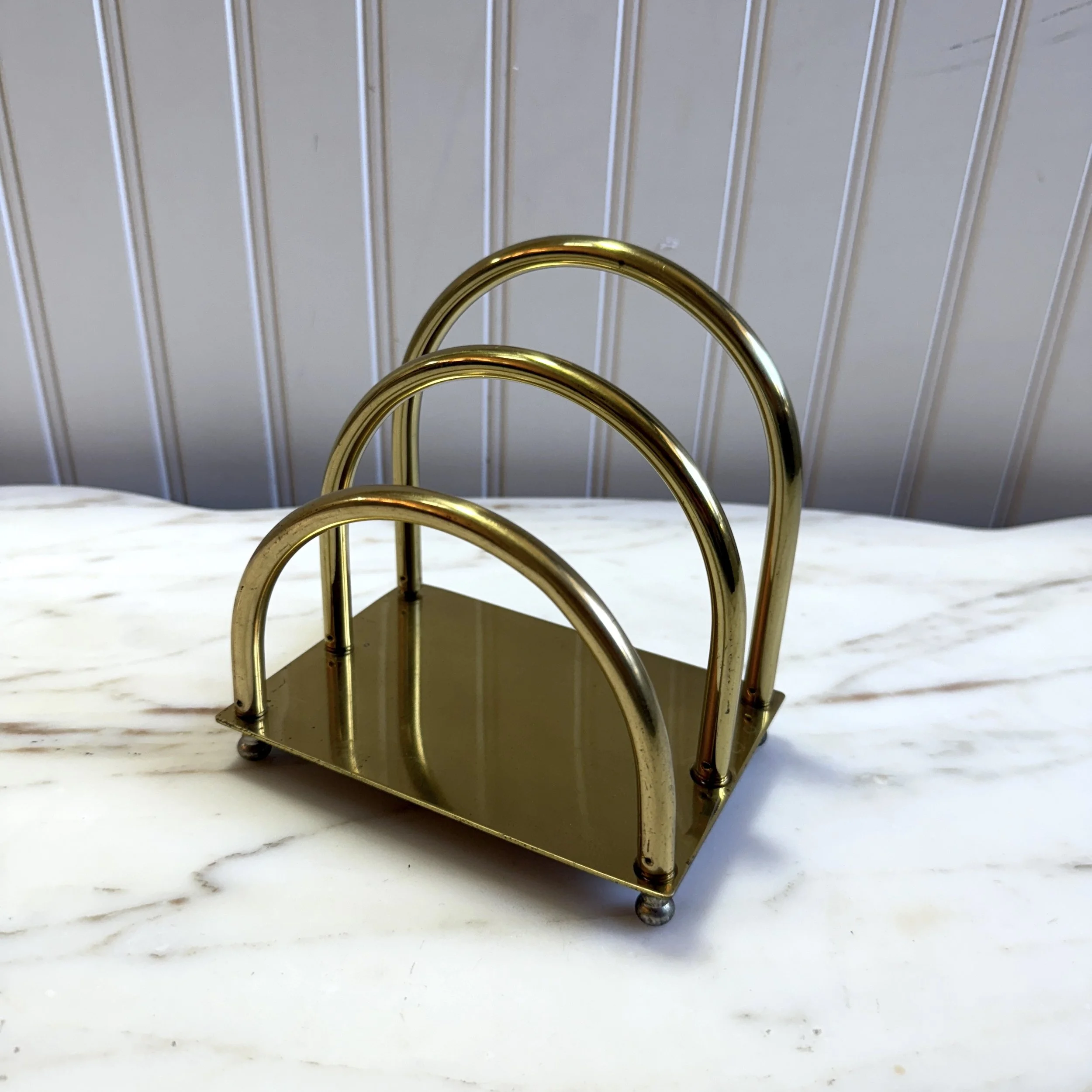 Vintage Brass Gold Arched Desk Organizer Art Deco Mail Letter Record Holder MCM