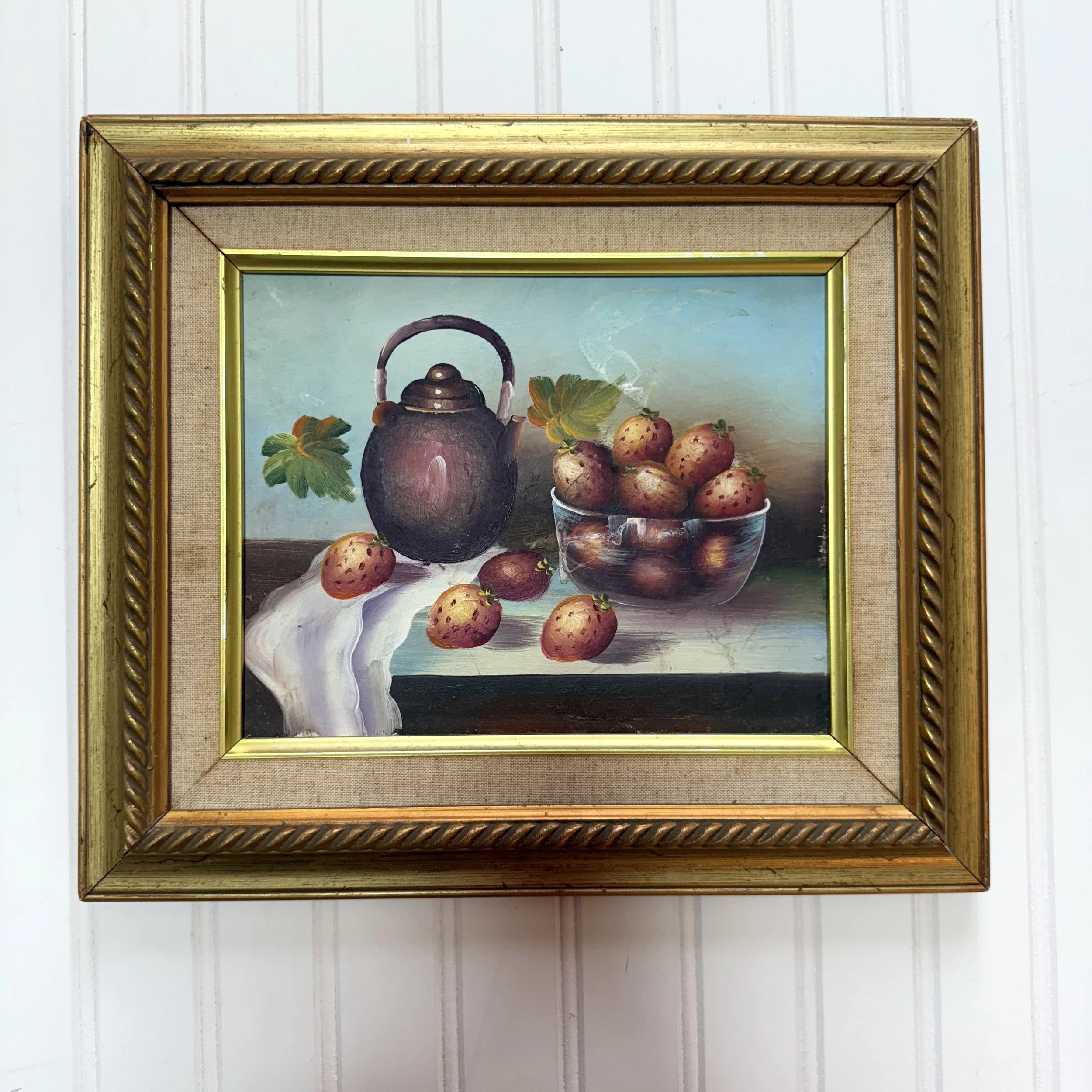 Vintage Still Life Oil Painting, Strawberries and Teapot,