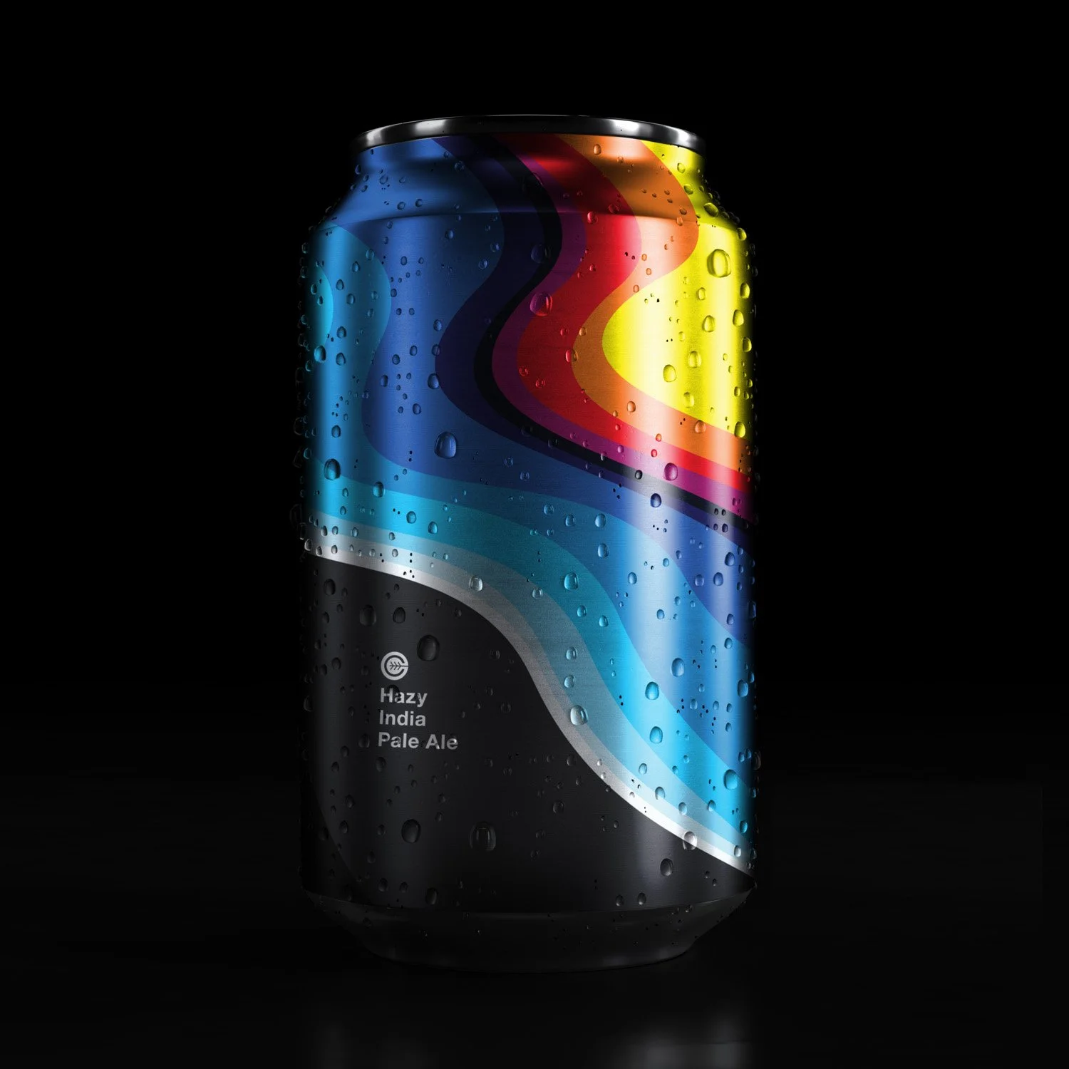 Close-up of a colorful soda can with water droplets, labeled "Hazy India Pale Ale".