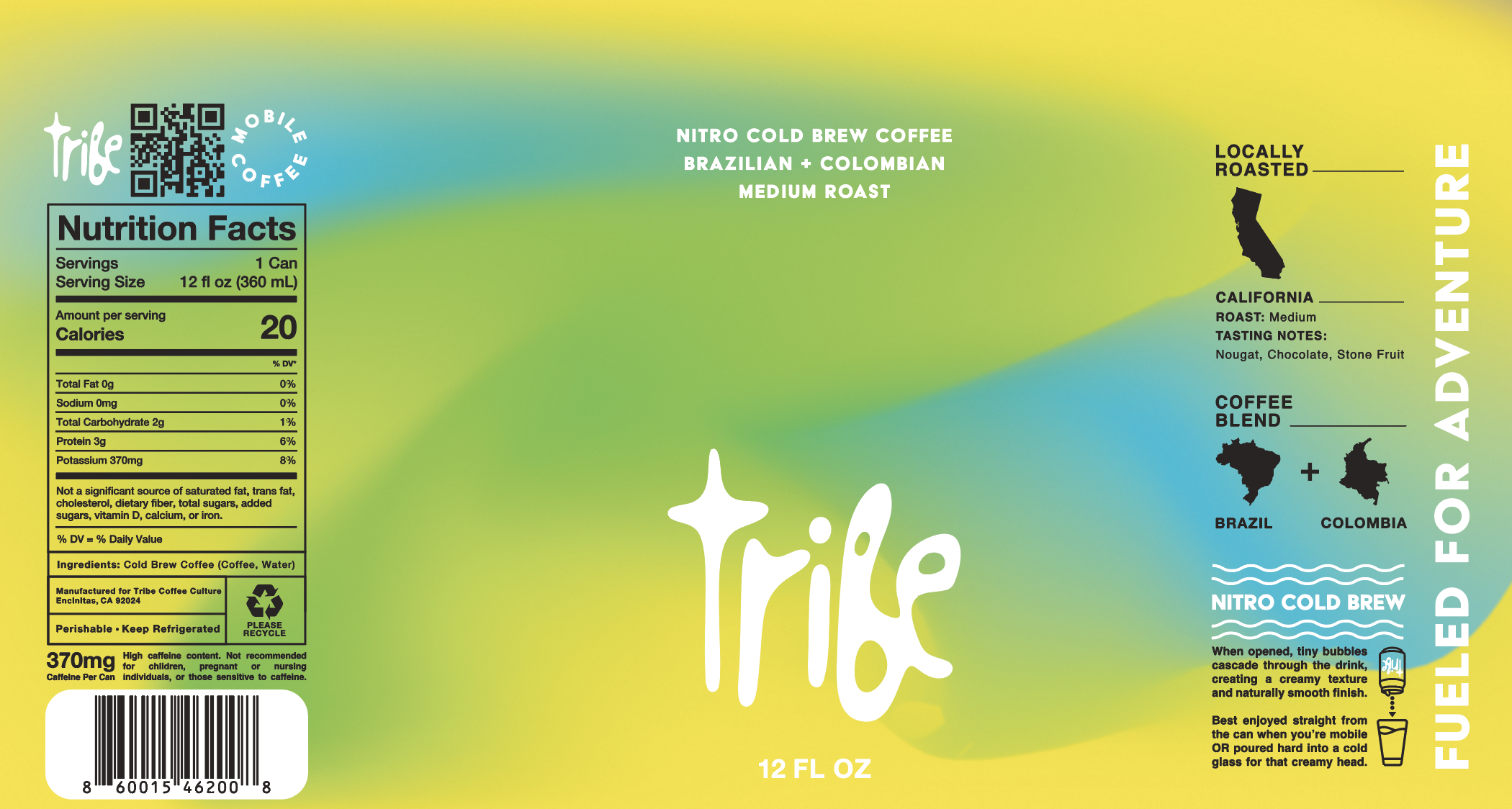 Colorful coffee packaging with green, yellow, and blue background. Features information about nitro cold brew coffee, including origin from Brazil and Colombia, medium roast, tasting notes of nougat, chocolate, and stone fruit. Contains nutritional facts, ingredients, and recycling symbols.
