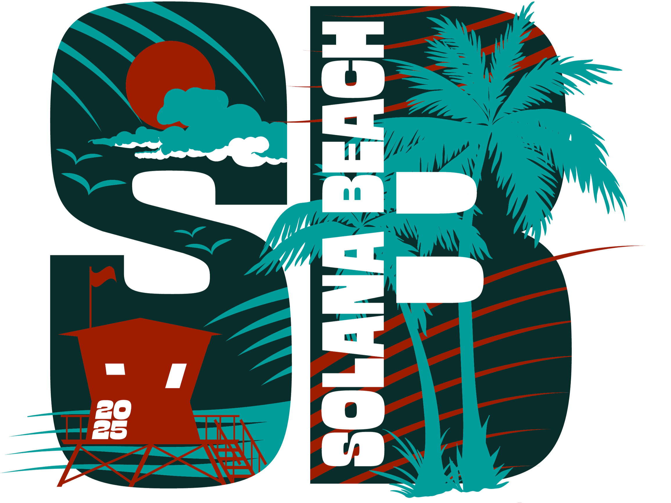A graphic design featuring a softball with a sunset, clouds, and seagulls on the left, and palm trees with a sunset on the right, with the words 'LOVE SPORT' vertically in the center.