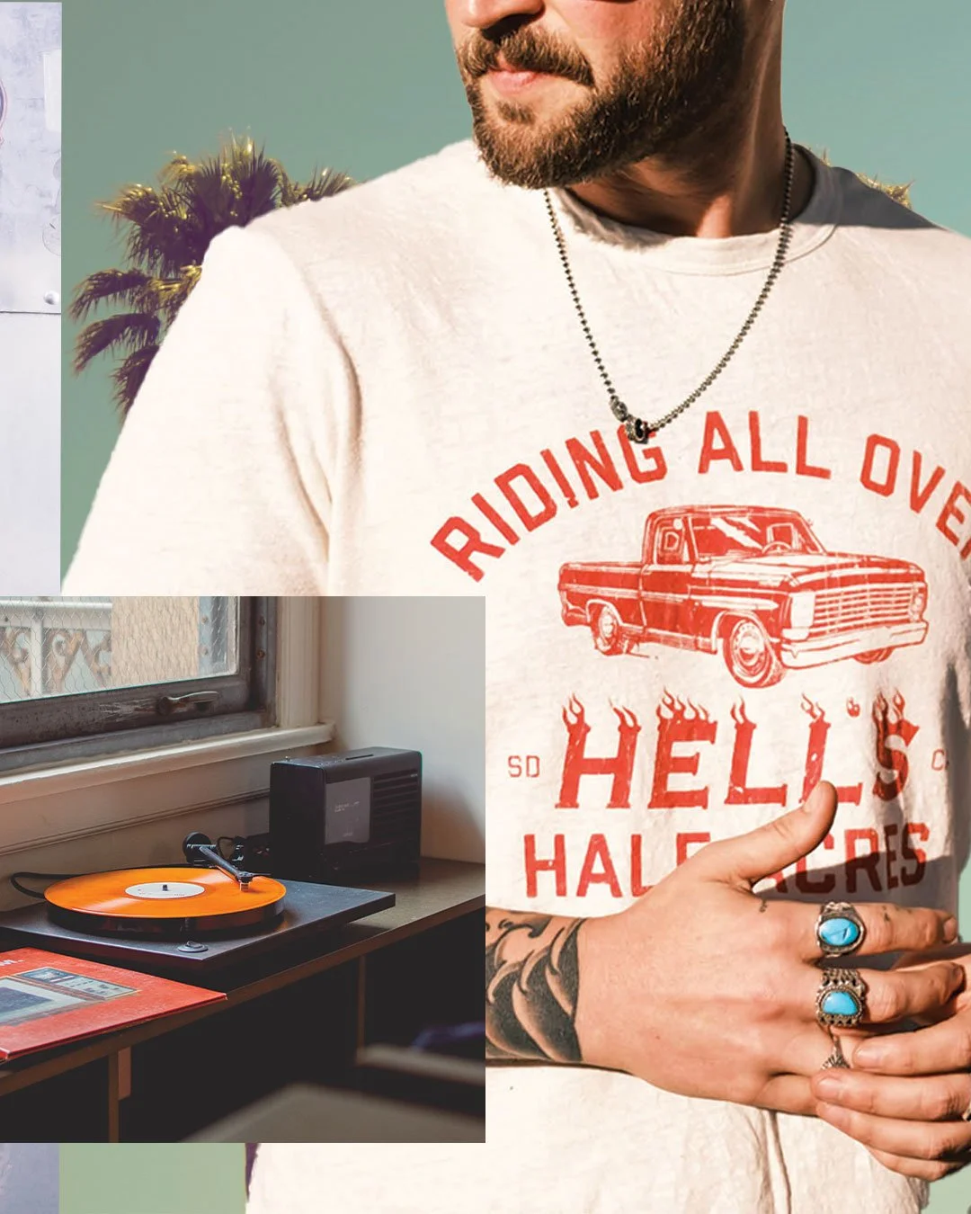 A man with a beard wearing a white T-shirt with a red graphic of a truck and the text 'RIDING ALL OVER THE HELL'S HAIR' and jewelry, standing near a window with a small black speaker and a vinyl record player with an orange record on a wooden table n