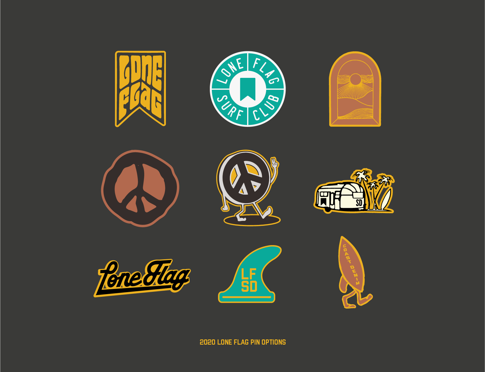 Collection of various surf and beach-themed pins and patches, including peace symbols, a campsite trailer, and surfboard designs with a dark background.