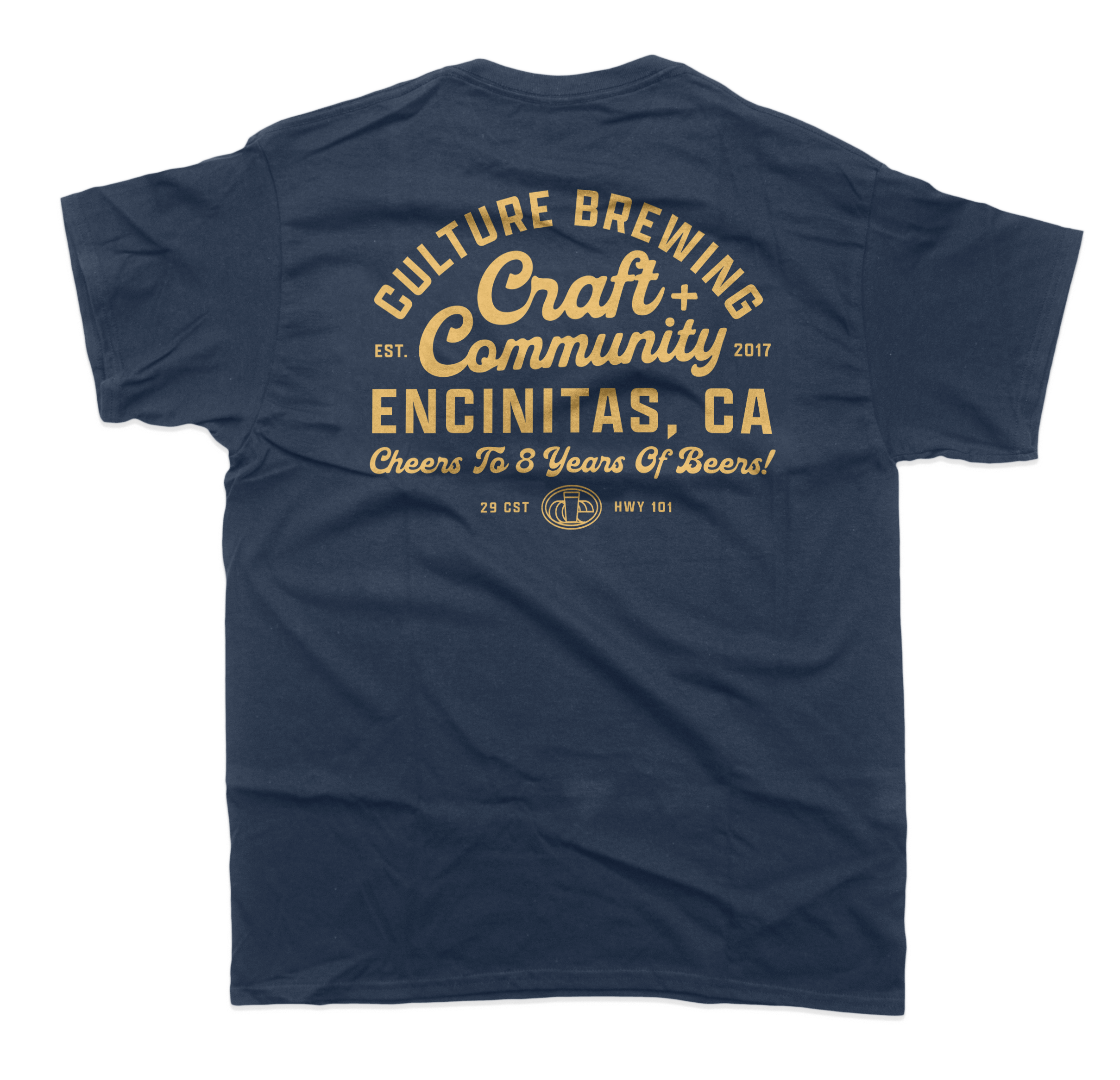 Back of a navy t-shirt with gold text and logo indicating Craft + Community, Cultivation Brewing, in Encinitas, California, established in 2017, celebrating 8 years of beer, featuring a beer glass icon.