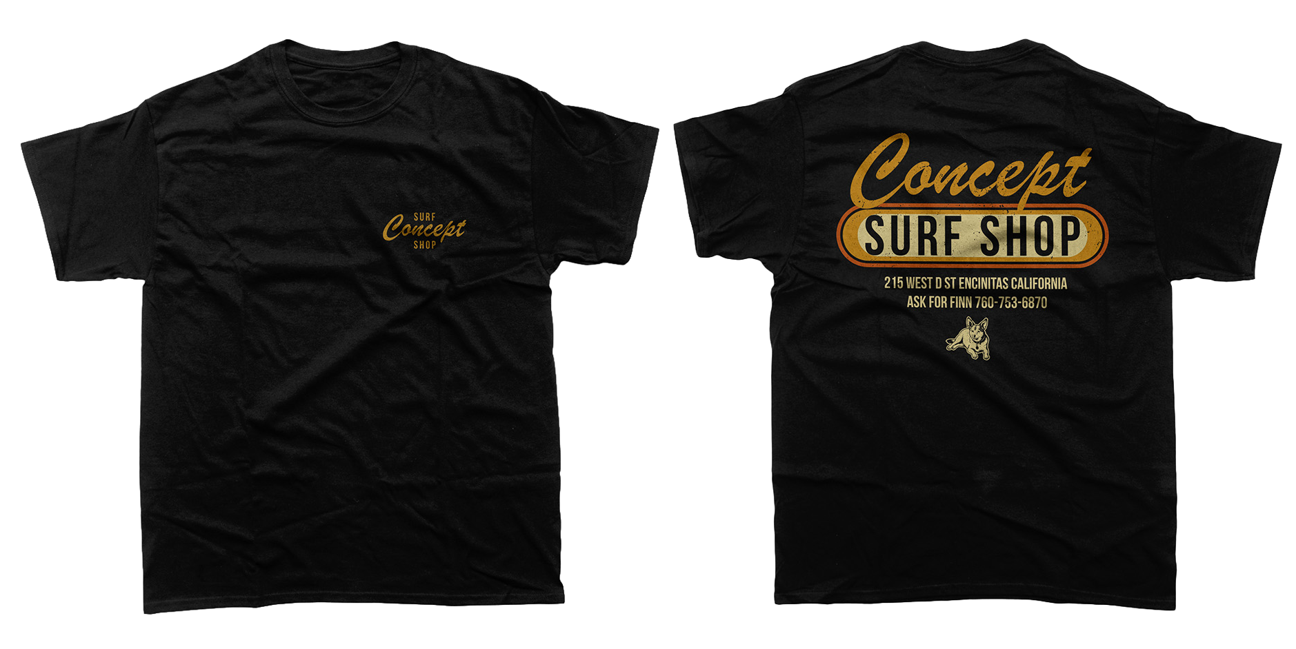 Black T-shirt with front small logo reading 'Surf Concept Shop' in yellow and back large logo with 'Concept Surf Shop' in yellow and black, address, phone number, and a small illustration of a dog on a surfboard.