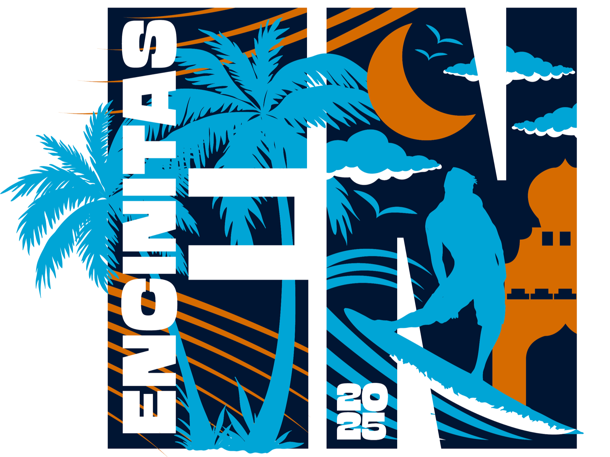 The image is a colorful graphic design with the word 'HOME' written vertically on the left side. It features silhouettes of palm trees, a person, seagulls, clouds, the moon, and a lighthouse, with a color scheme of blue, orange, and black elements, creating a tropical night scene.
