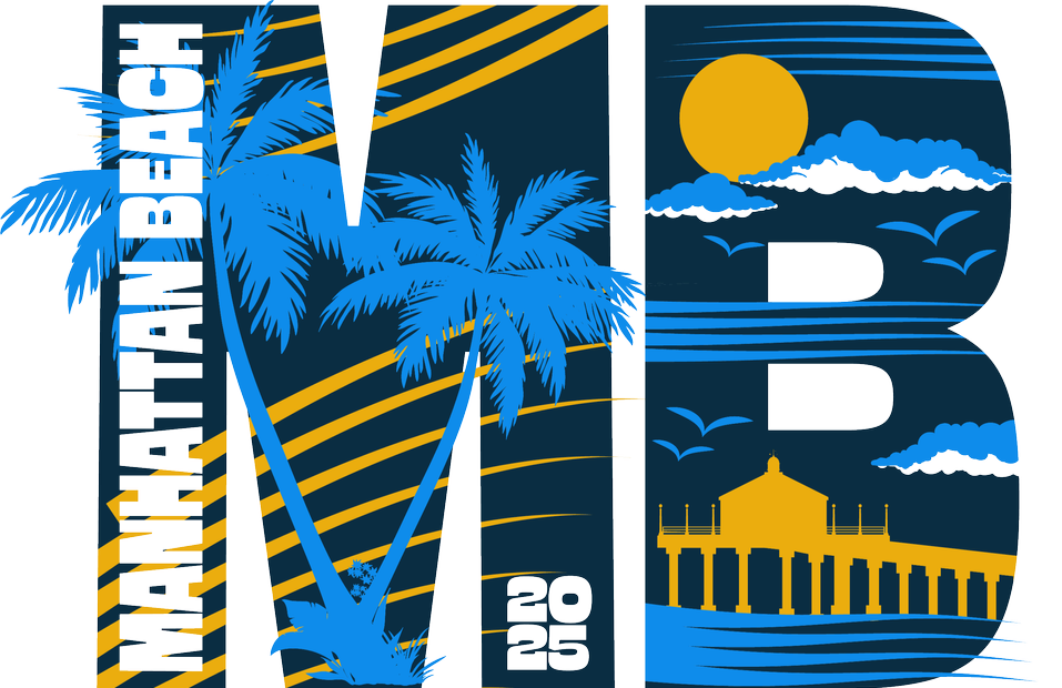 Design featuring palm trees, a sun, clouds, birds, and a building, with the text 'Miami Beach' and '2019'.