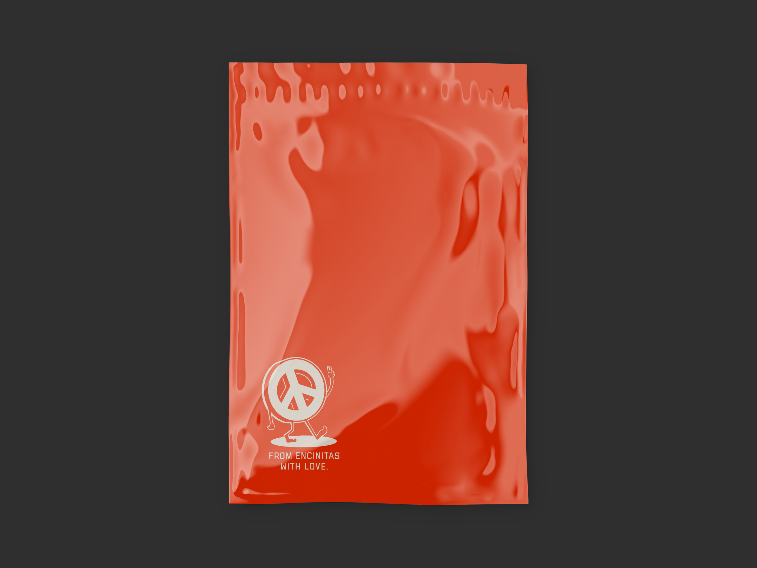 Red passion fruit juice box with white peace symbol and character, with the text 'FROM ENCINTAS WITH LOVE' at the bottom.