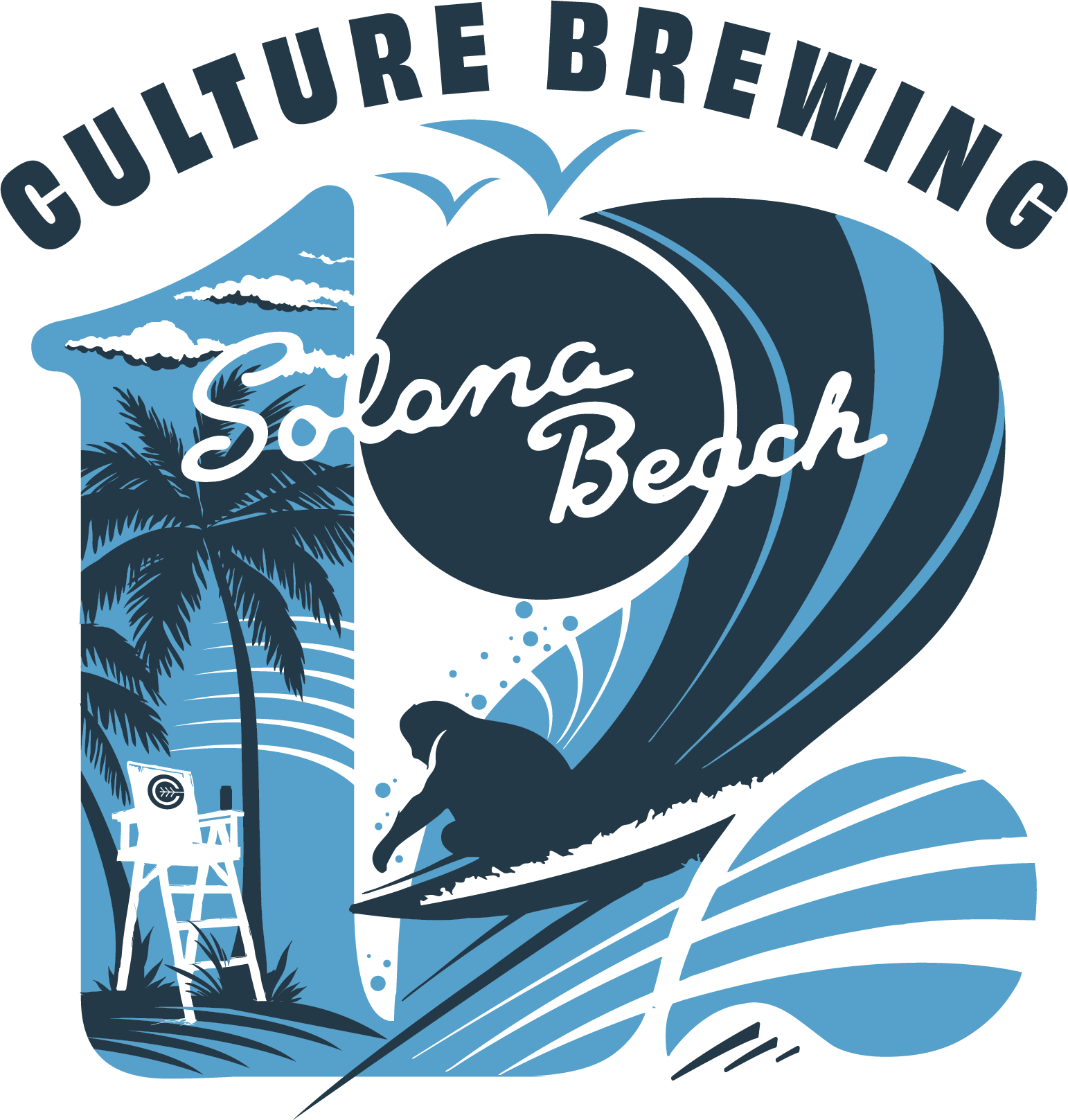 A logo for Cultura Brewing featuring a wave, a surfer riding a wave, palm trees, a lifeguard tower, and seagulls, with the text "Salina Beach"