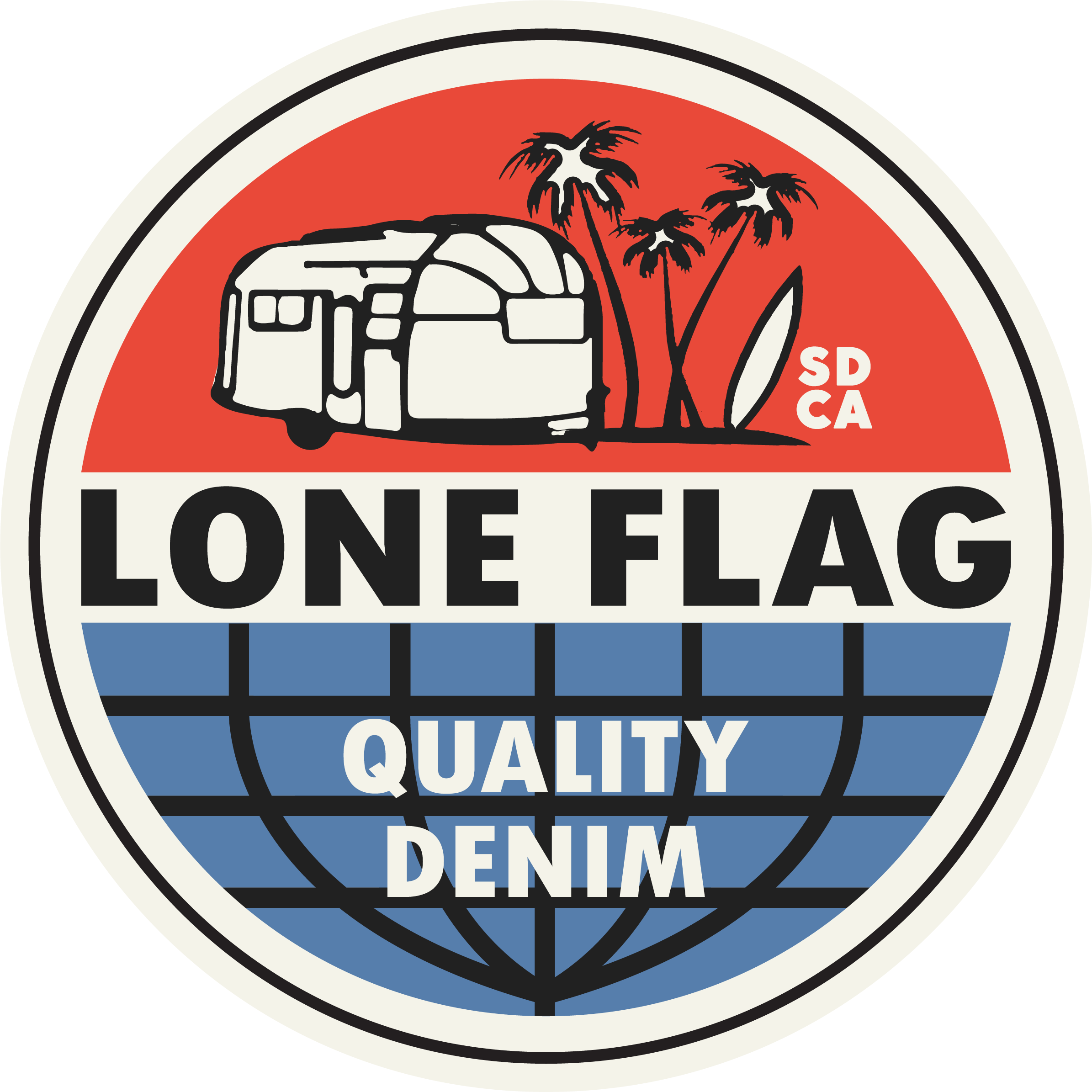 Logo featuring a camper, palm trees, and the words 'Lone Flag Quality' with a stylized globe in the background, in red, white, blue, black, and beige colors.