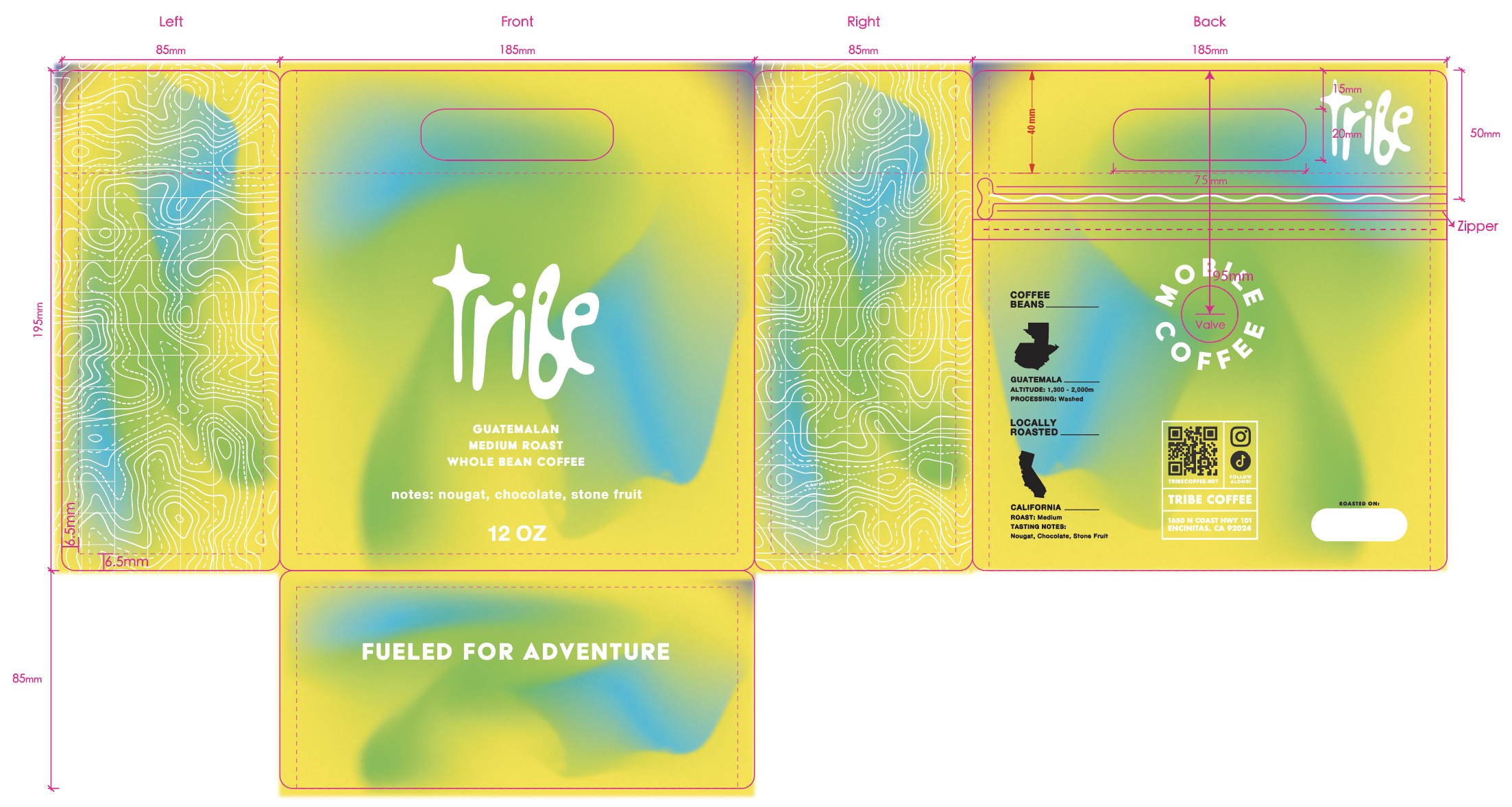 A colorful coffee product packaging design featuring a gradient background with wavy lines in white. The front displays the word 'tribe' in white with coffee notes indicating guatemalan medium roast whole bean coffee, with flavors like nougat, chocolate, and stone fruit. The weight is 12 ounces. The back provides info about the origin, altitude, processing method, and tasting notes, along with a QR code, social media icons, a barcode, and a space for a best by date. Pink measurement guides outline dimensions of various sections of the packaging.
