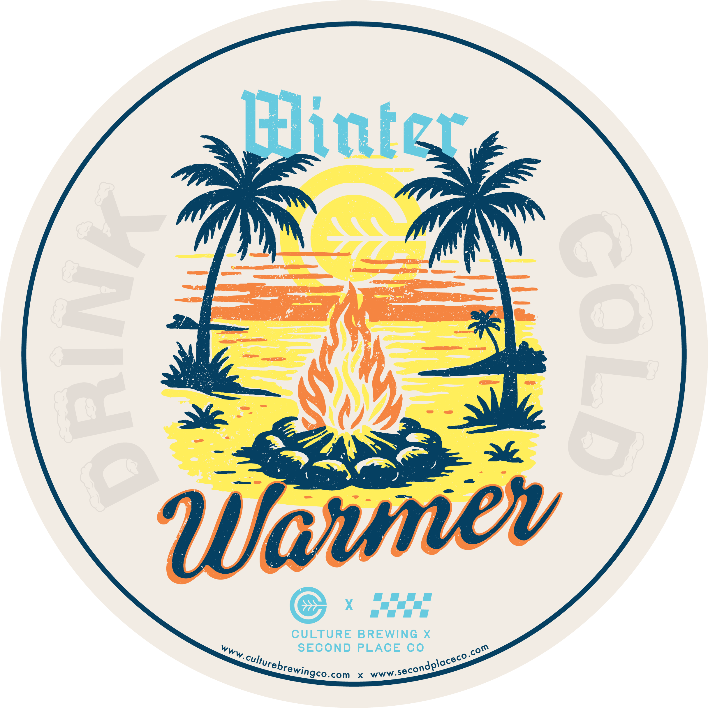 A round sticker with a design of palm trees, a setting sun, and a fire, with the text 'tighter' at the top, and additional text about a brewing competition at the bottom.