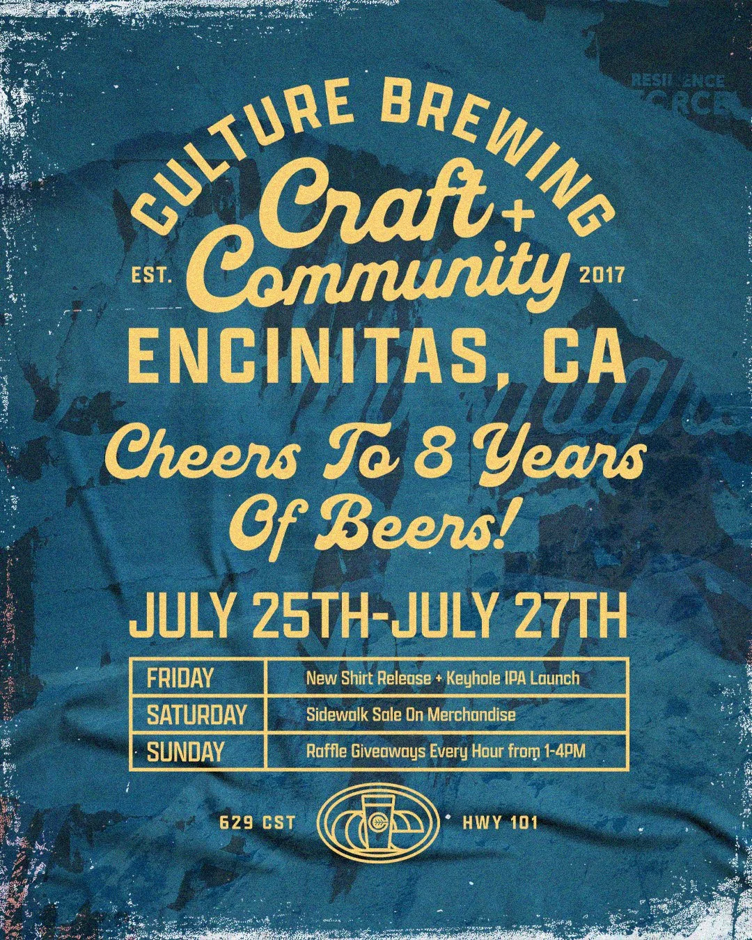 Blue promotional poster for a craft brewing community event in Encinitas, CA, from July 25th to 27th, 2017, featuring beer-related activities and a raffle.