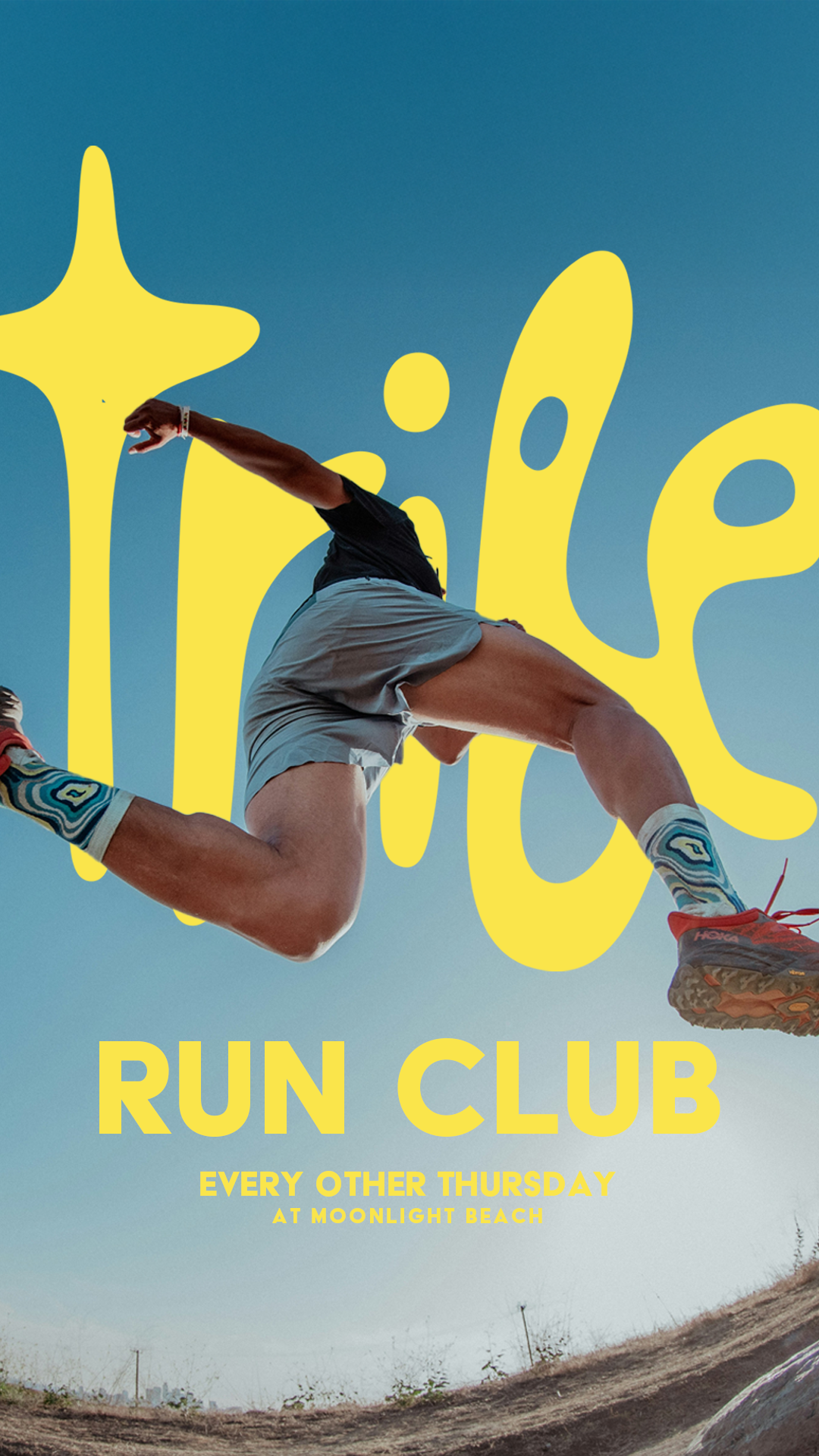 A person jumping in the air with a clear blue sky in the background, advertising a run club meets every other Thursday at Moonlight Beach, with large yellow text overlay.