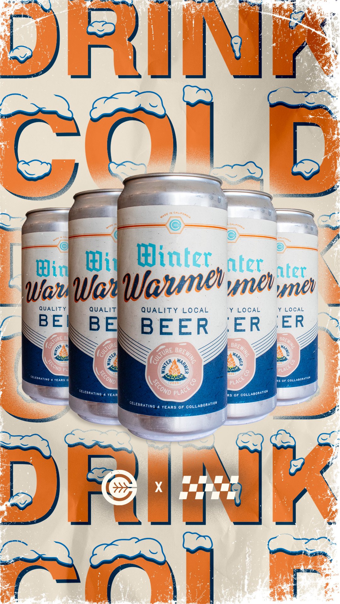 Six cans of Winter Warmer Beer arranged in front of a sign that says 'Drink Cold' with snow and clouds graphic elements.