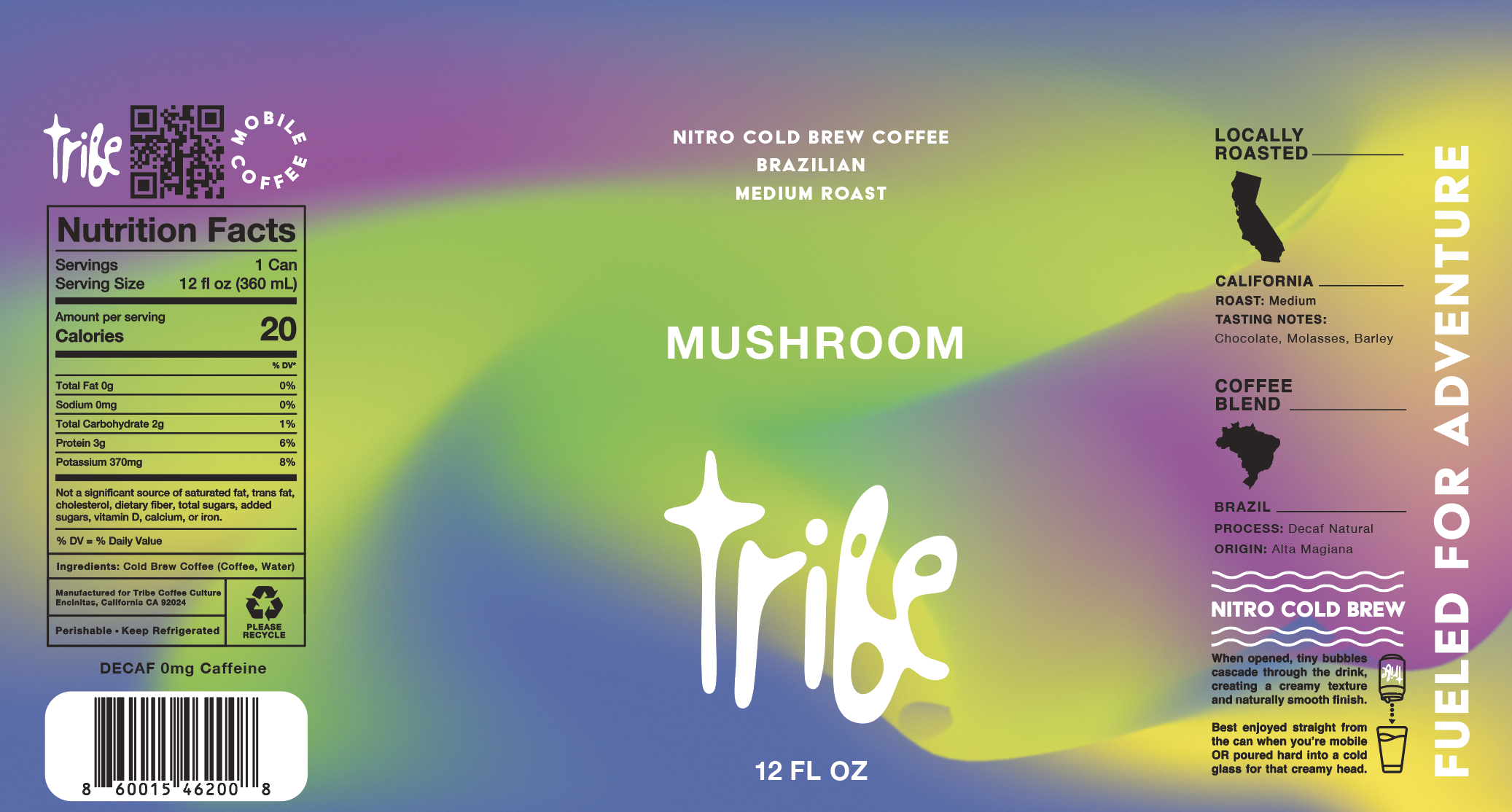 Label for Tribe Coffee Culture's Nitro Cold Brew Coffee, Brazilian medium roast, decaf, 12 fluid ounces, with nutrition facts, origin in Alta Magiana, California, and flavor notes of chocolate, molasses, and barley.