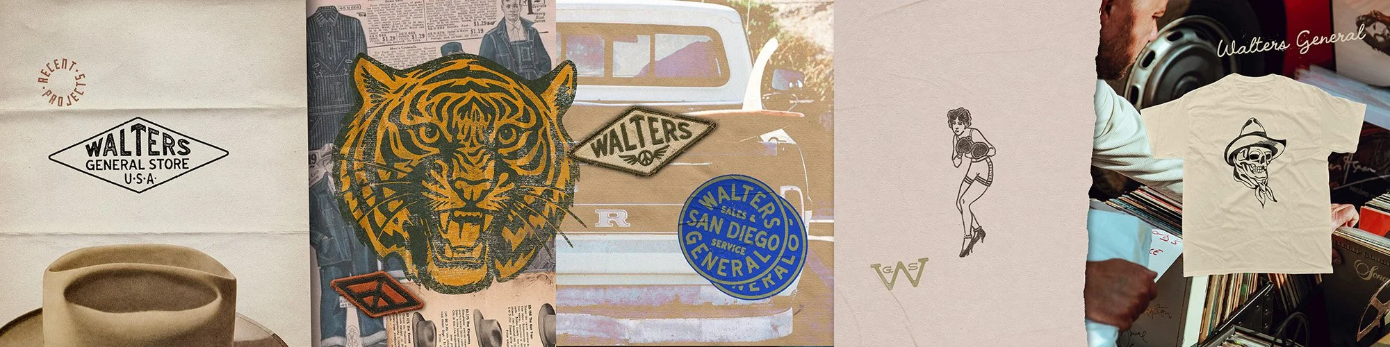 Collage of vintage store items, including stickers, patches, a t-shirt with a skull and hat sketch, and a person browsing records.