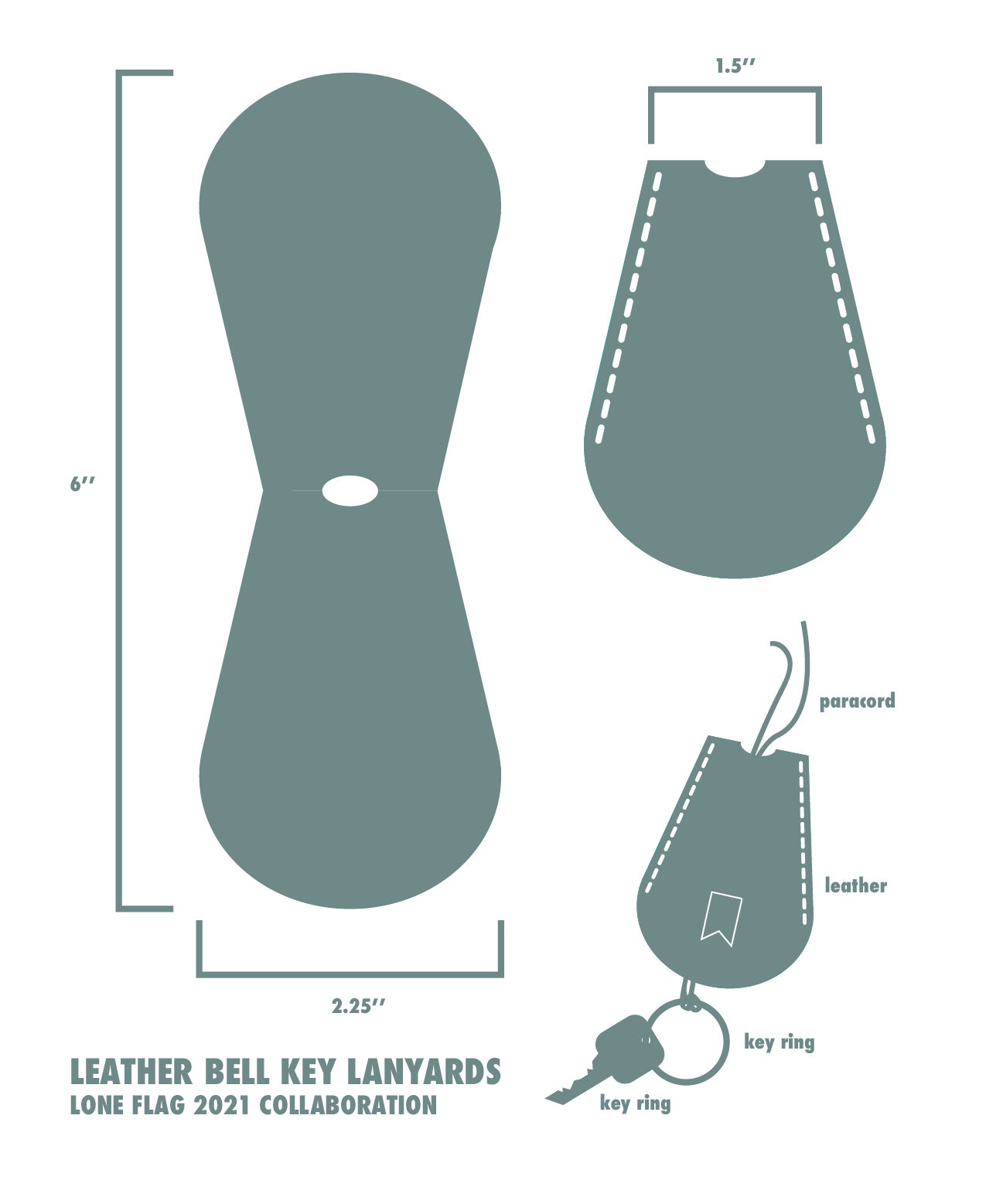 Diagram showing the measurements and components of leather bell key lanyards, including a leather strap, a paracord, a key ring, and a smaller key ring, with dimensions 6 inches in height and 2.25 inches in width.
