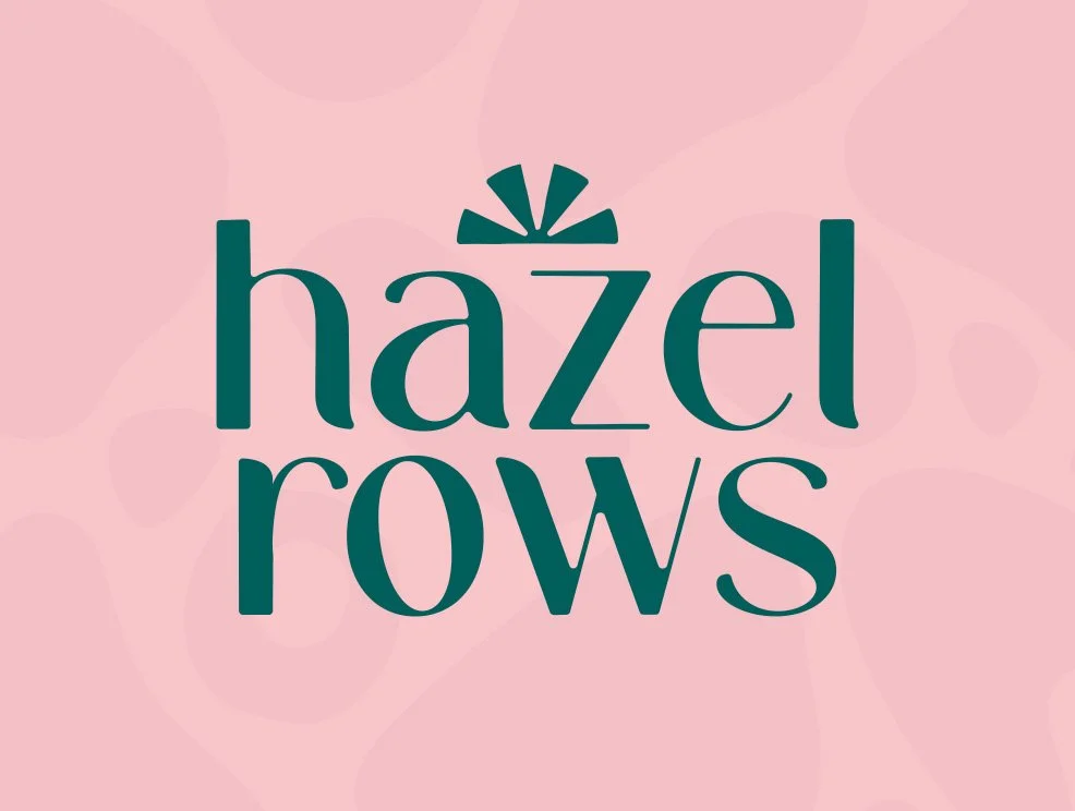 Logo of Hazel Rows with pink background and stylized text.